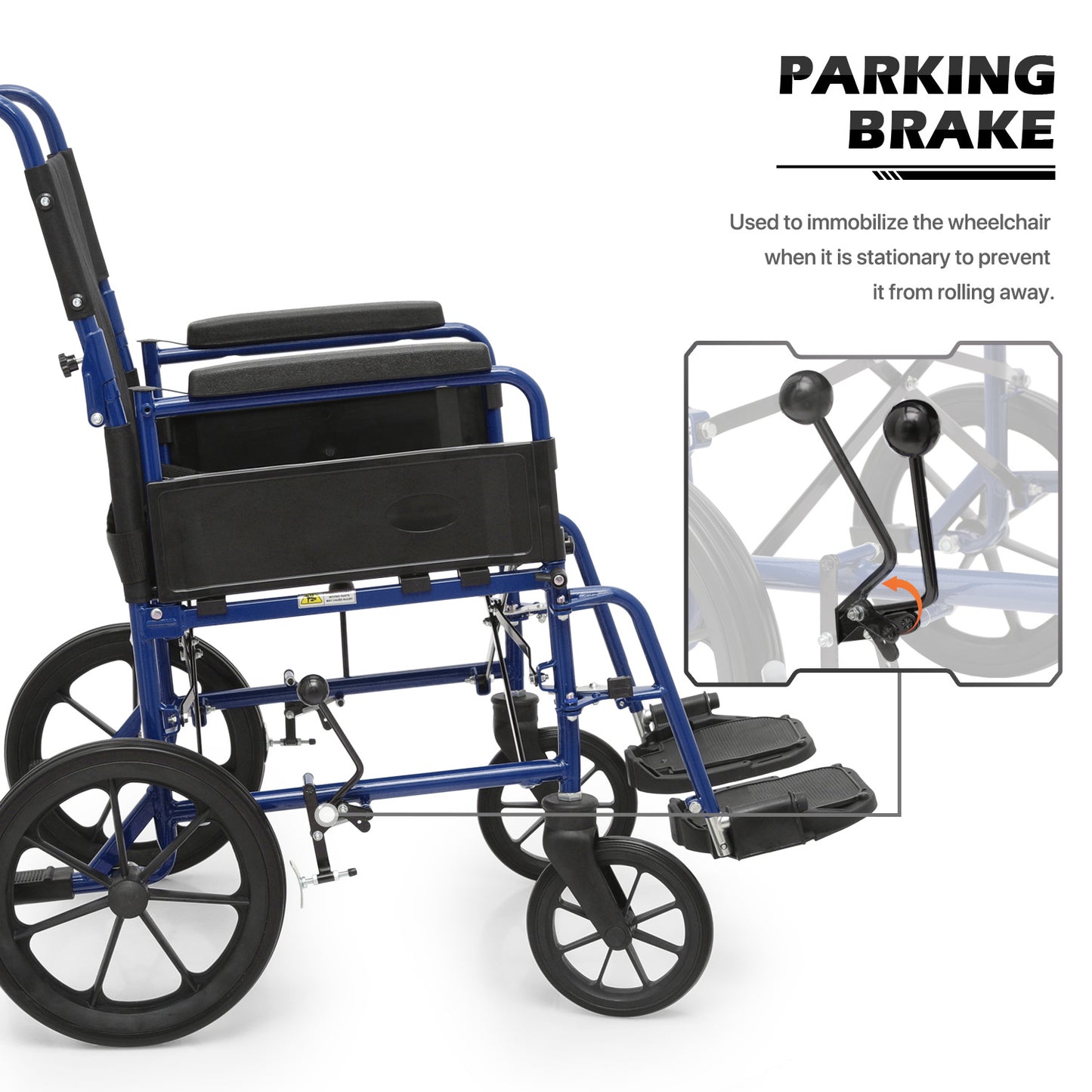 Transport Wheelchair - FDA Approved, PU Paded Armrest, Blue
