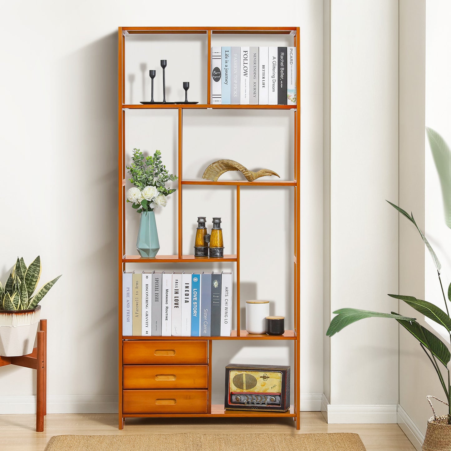 Oriental Vintage Antique Frame Display Shelf - 6 Tier - with Drawer - Brown