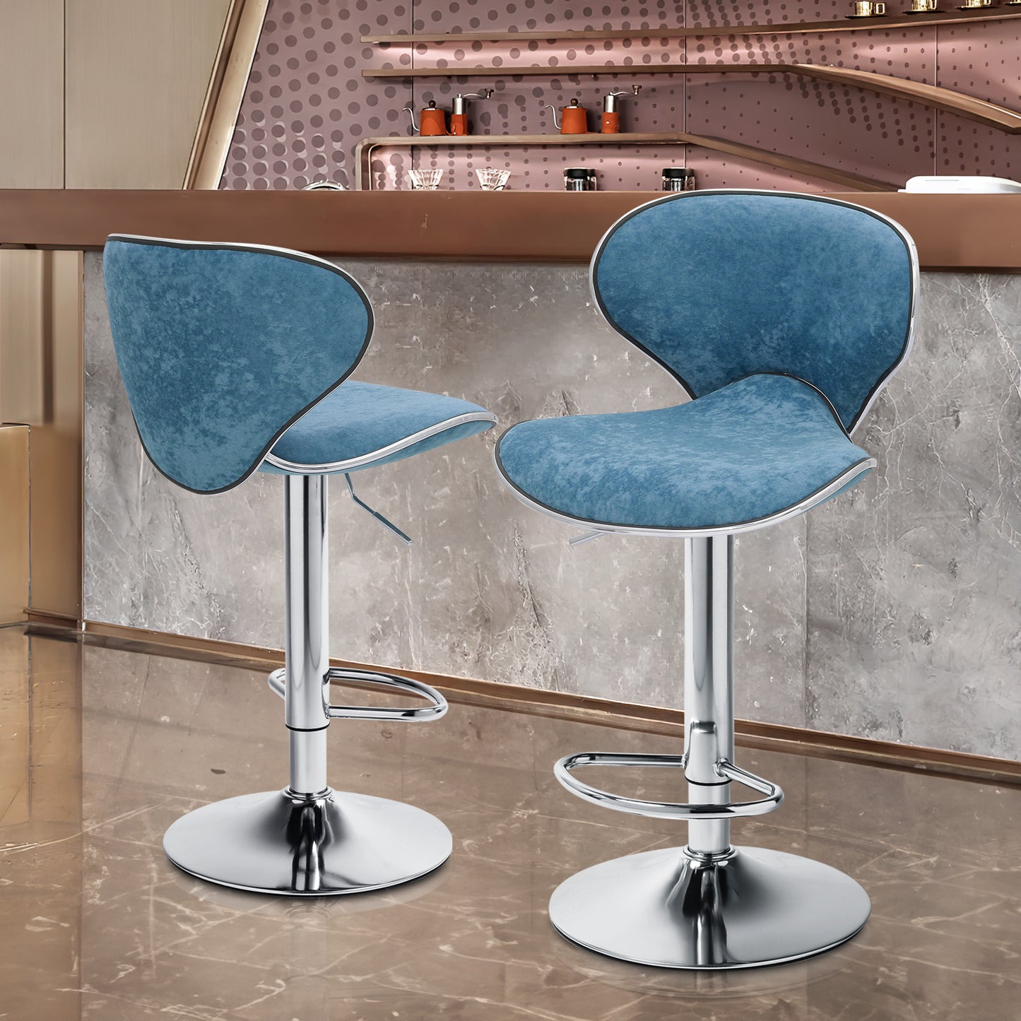 2 Piece Adjustable Height Bar Stool Swivel Dinning Chair Velvet Curved Seat