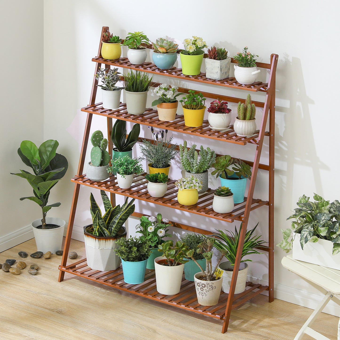Foldable Flower Plant Rack - A Frame Stand Shelf - 4 Tier - Brown