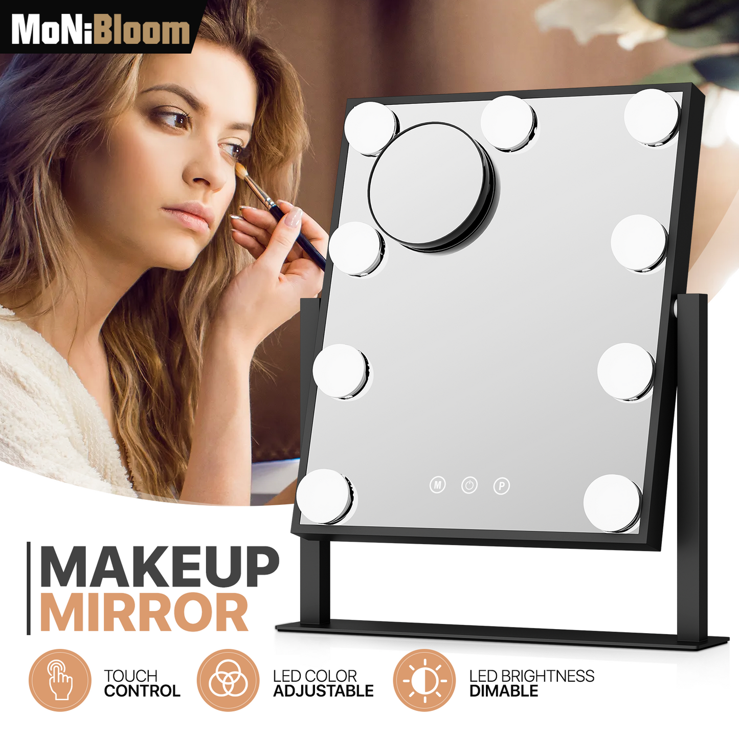 Rectangle 9 LED Plastic Bulb Vanity Mirror - 3 Color Lighting Mode - Brightness Adjustable - w/Detachable 5X Magnification Mirror