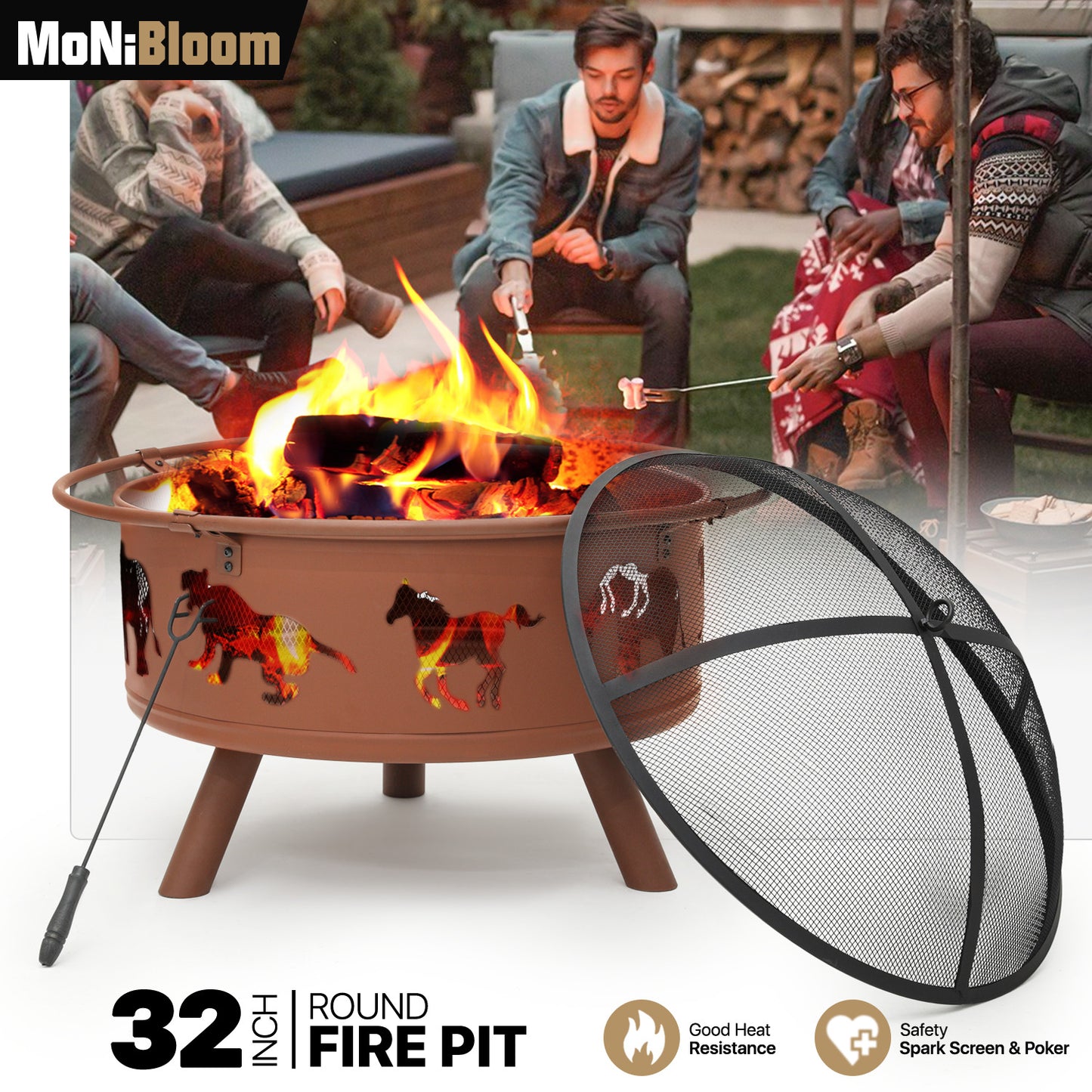 32" Horse Pattern Round Fire Pit w/Poker & Spark Screen