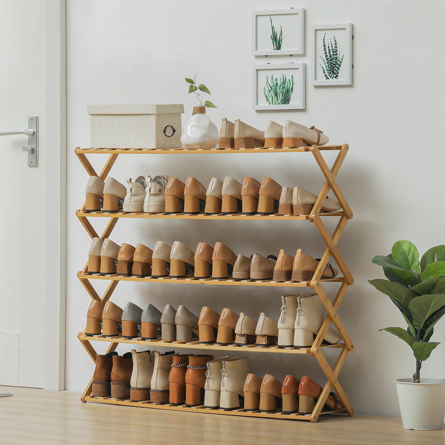 Foldable Multifunctional Shoe Rack Organizer - 5 Tier - Natural