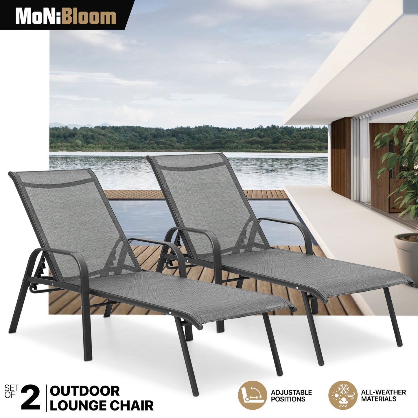 Set of 2 Lounge Chair - Adjustable Backrest - with Armrest