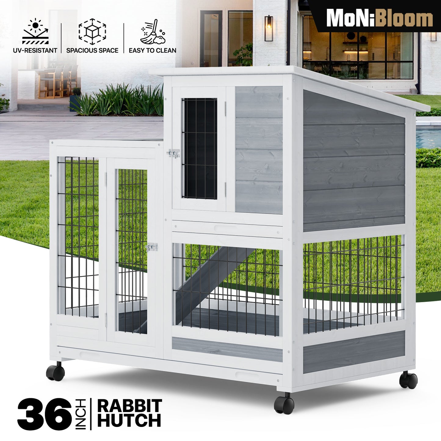 Wooden Chicken Coop Rabbit Hutch - 36'' Length - w/4 Wheels