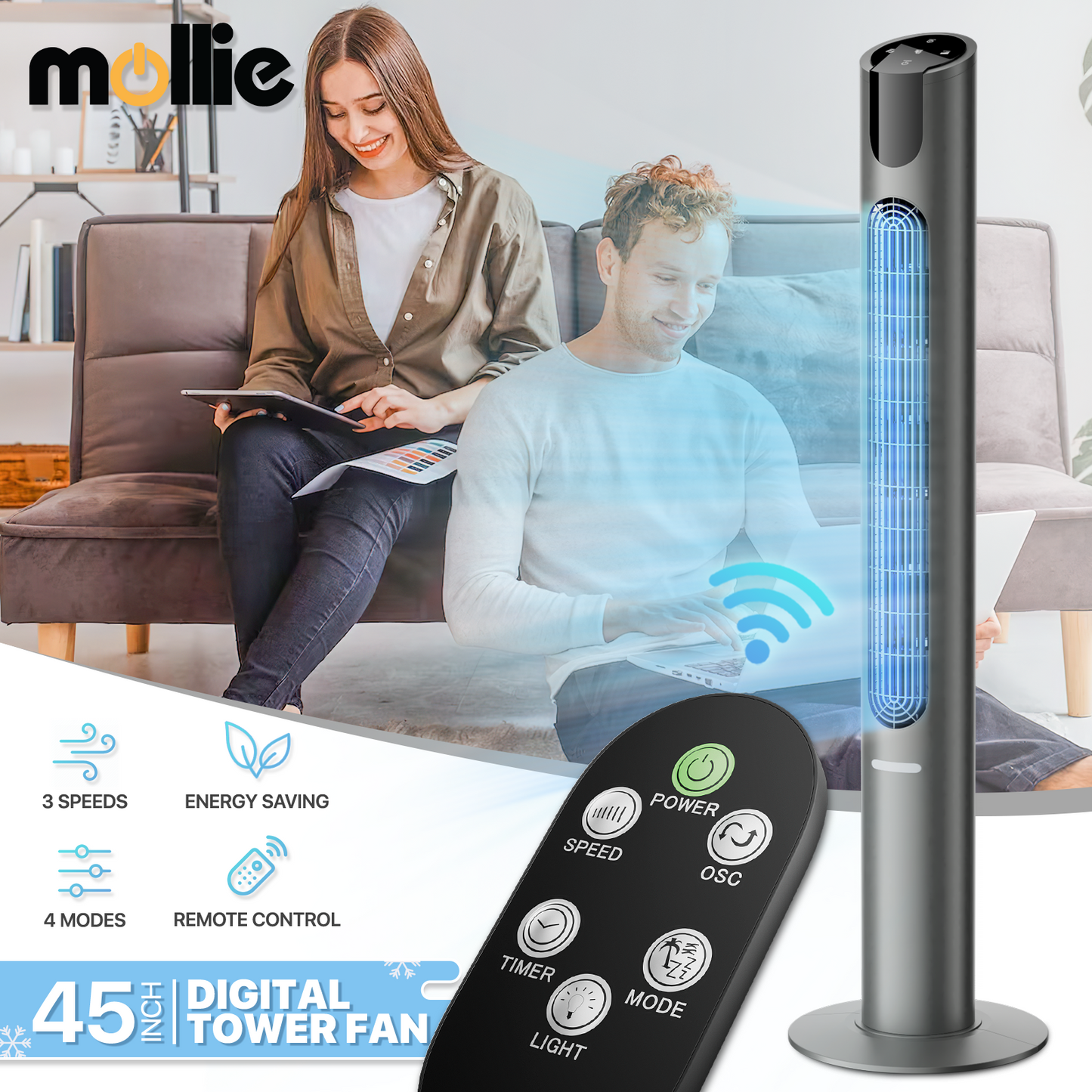 45" Digital Tower fan 8 Speed - 4 Modes - LED Bottom Night Light