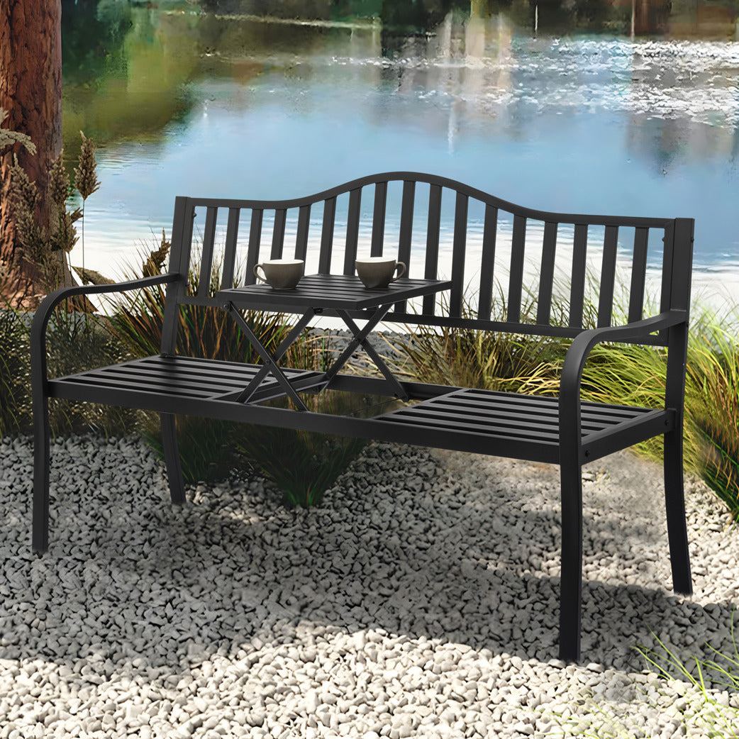 59" Iron Patio Garden Bench - with Adjustable Table - Vertical Bar Pattern