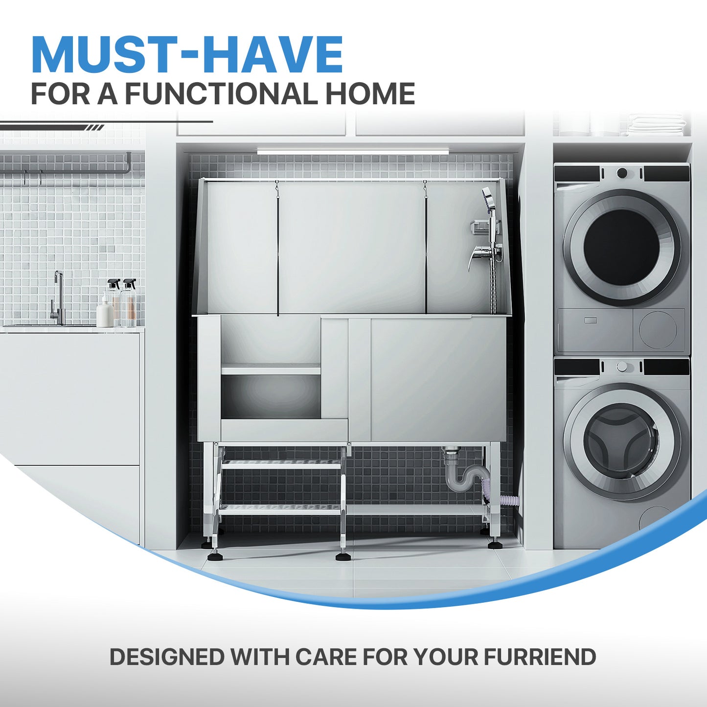 50" Pet Grooming Bathtub-304 Stainless Steel-with Non-Slip Step