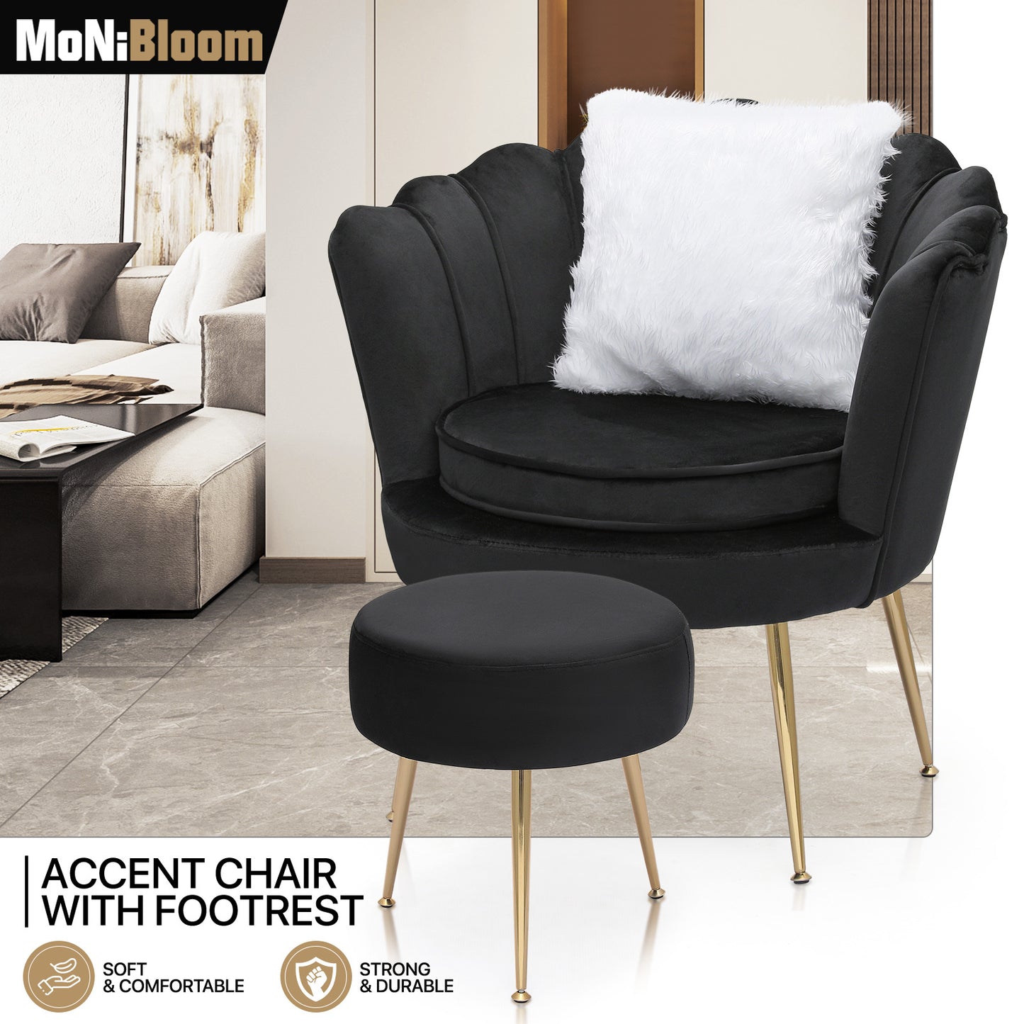 Velvet Upholstered Vanity Accent Chair Armchair w/Footrest - Scalloped Back