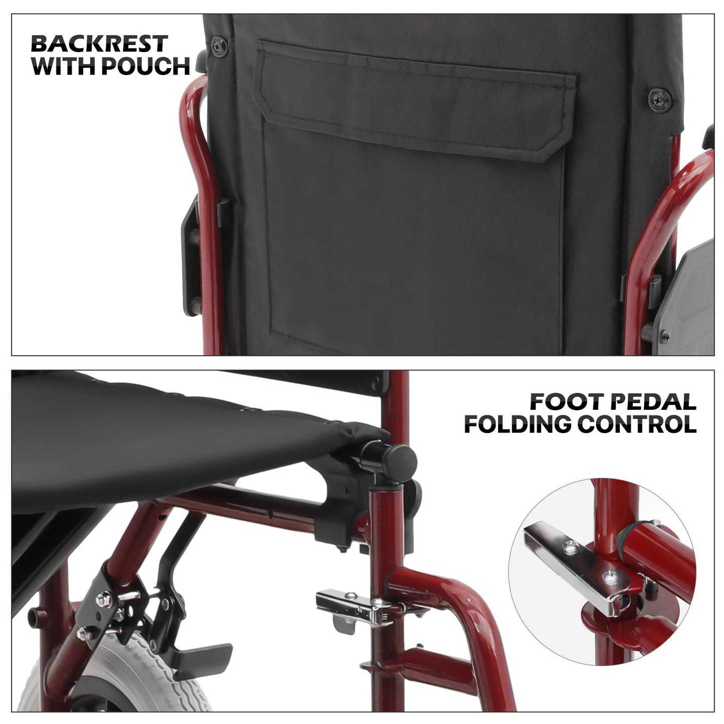 Transport Wheelchair - PU Solid Tyre - Red