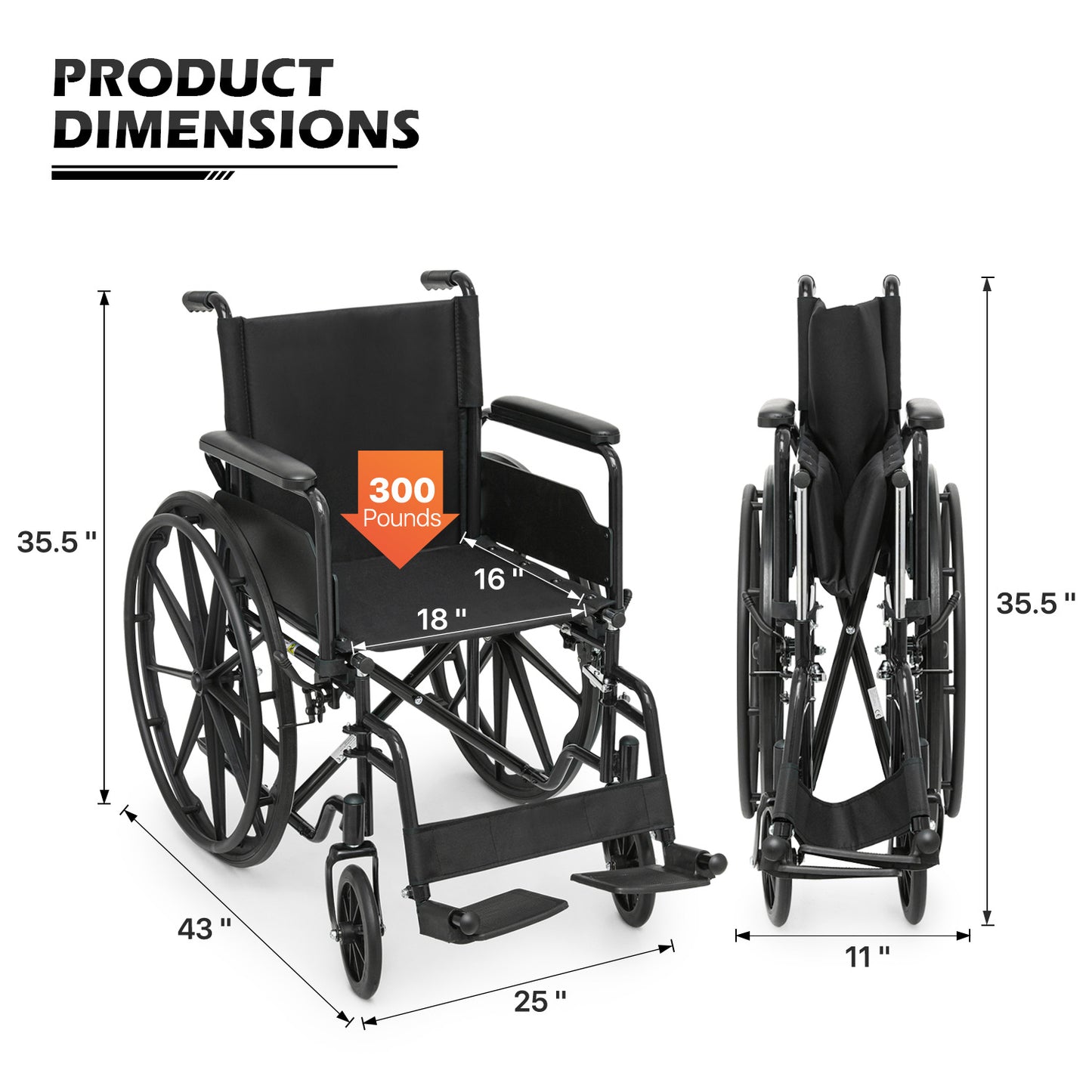 Manual Wheelchair - Black, FDA Approved - 18"x16" Seat