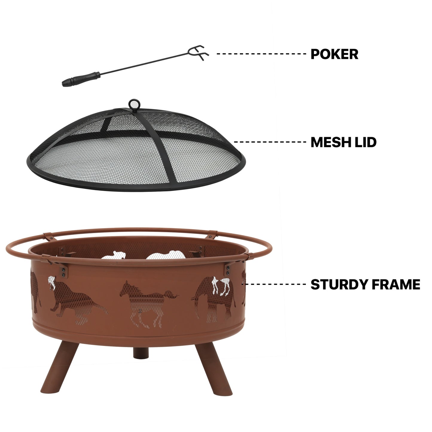 32" Horse Pattern Round Fire Pit w/Poker & Spark Screen