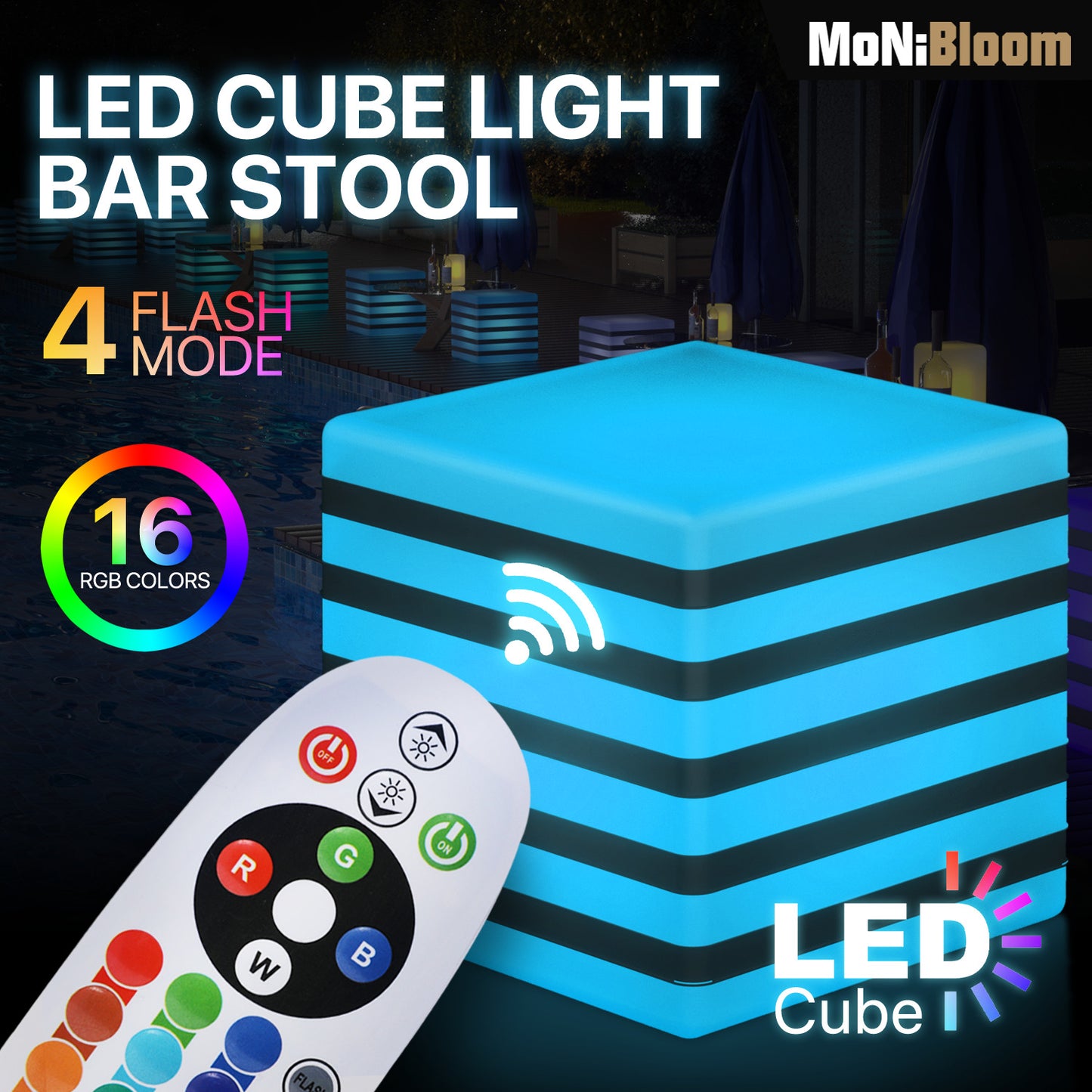 LED - Stool - 16''Cube with Striped - 16 Colors Remote Control
