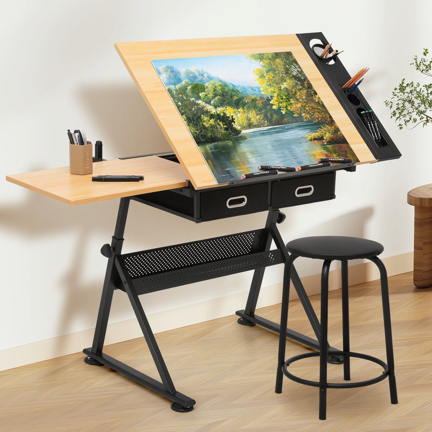 Drafting Table - 61" Natural desktop with black frame, 2 black drawers, with black stool