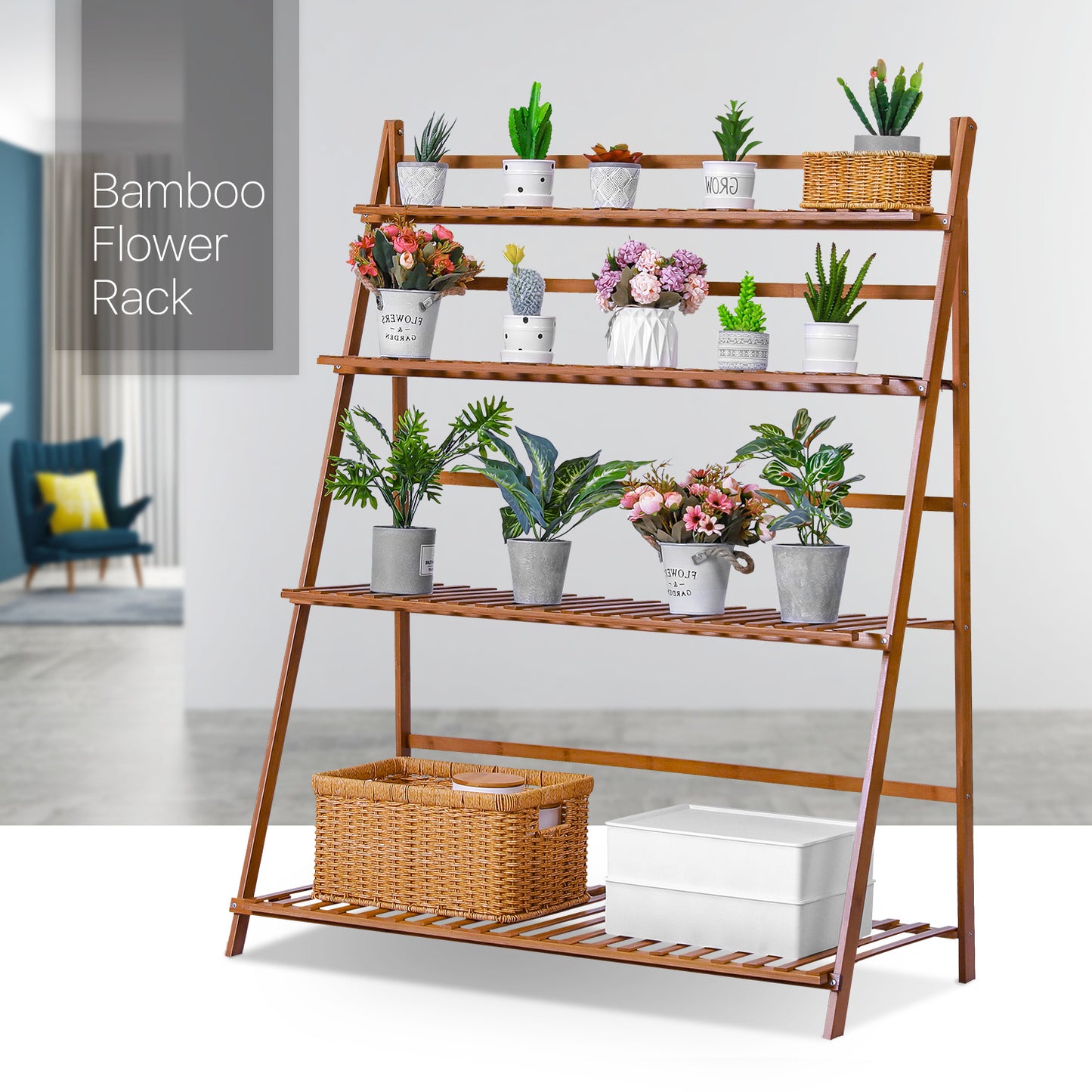 Foldable Flower Plant Rack - A Frame Stand Shelf - 4 Tier - Brown