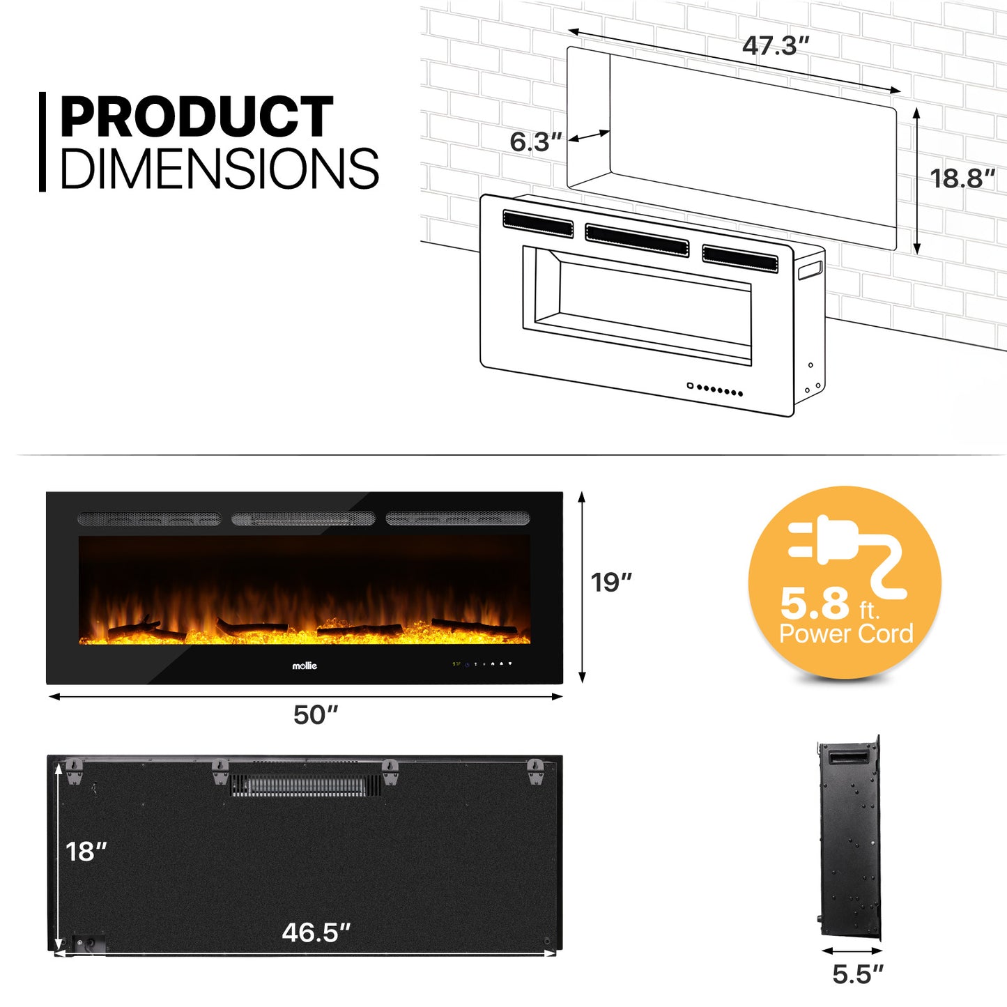 50" Wall Mounted Electric Fireplace - 1400W Space Heater - 8 Flame Colors 4 Brightness Level - with Remote