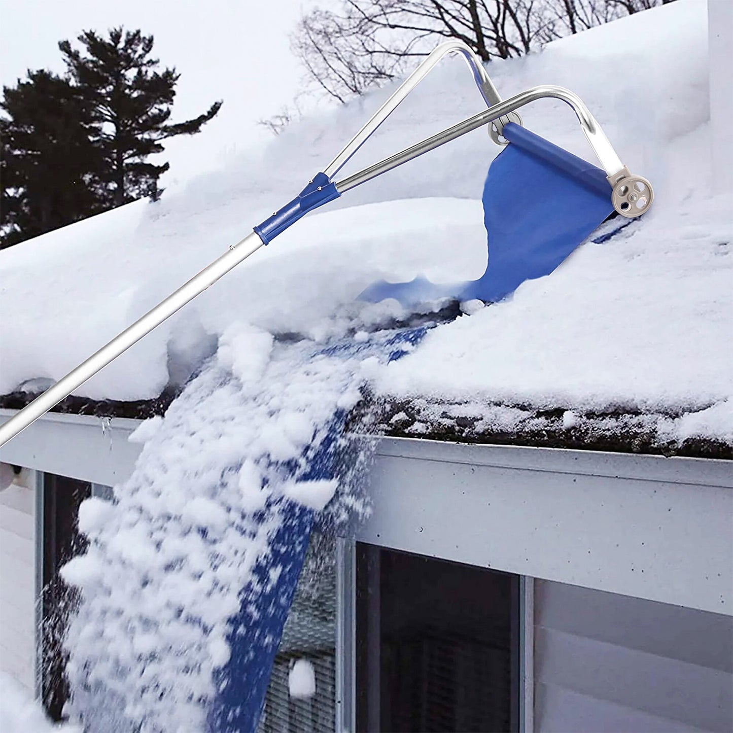 Roof Snow Rake - 5.8 to 21.5 FT Height - w/Blue Oxford Cloth - Silver