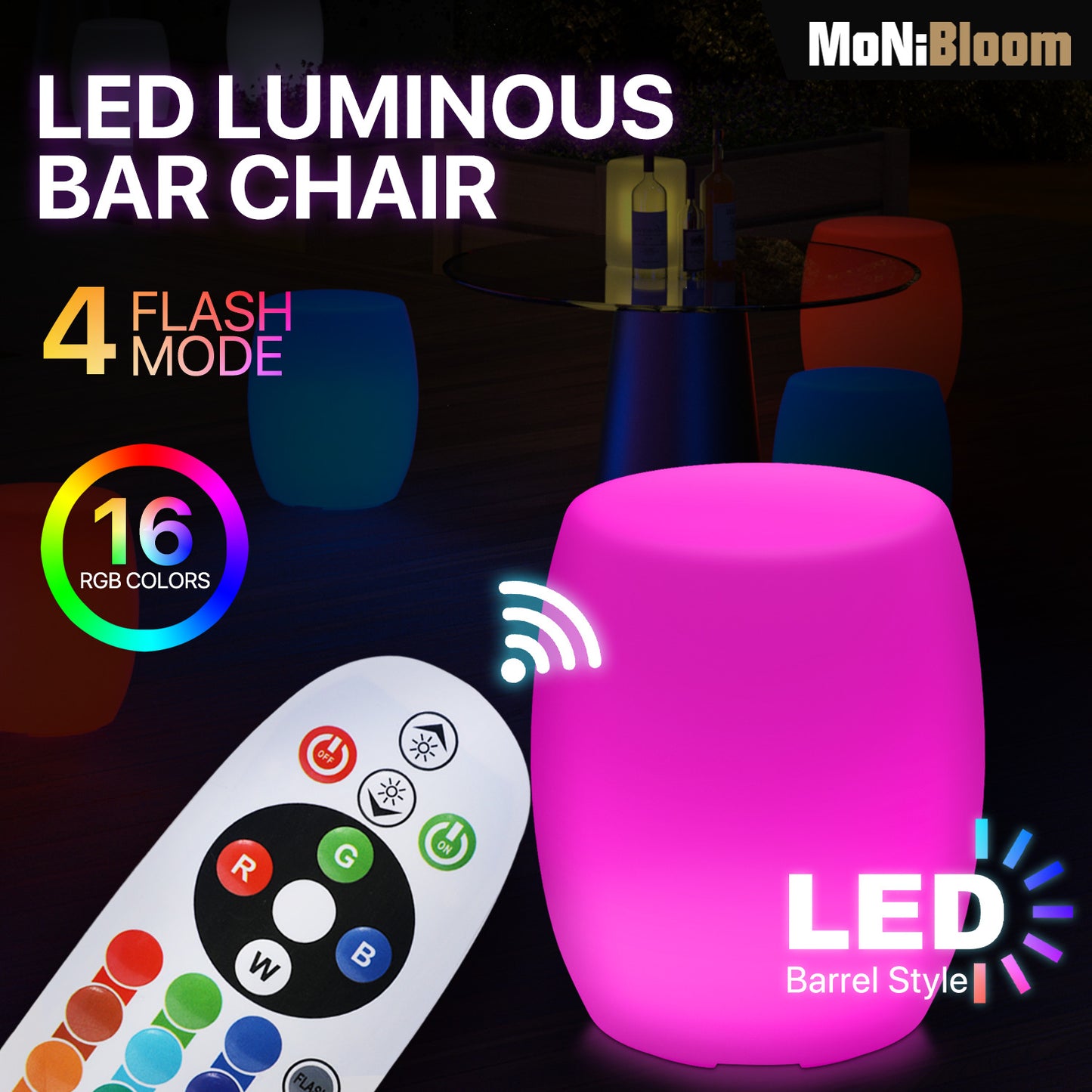 LED - Chair - Barrel Shape - Backless - 16 Colors Remote Control