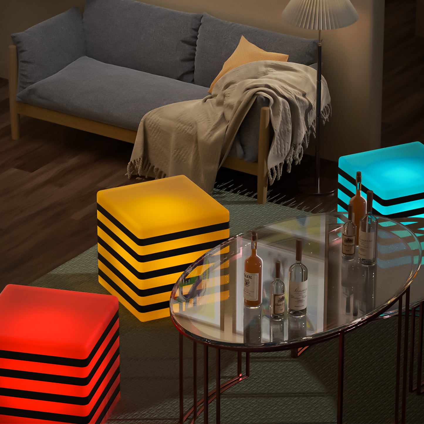 LED - Stool - 16''Cube with Striped - 16 Colors Remote Control