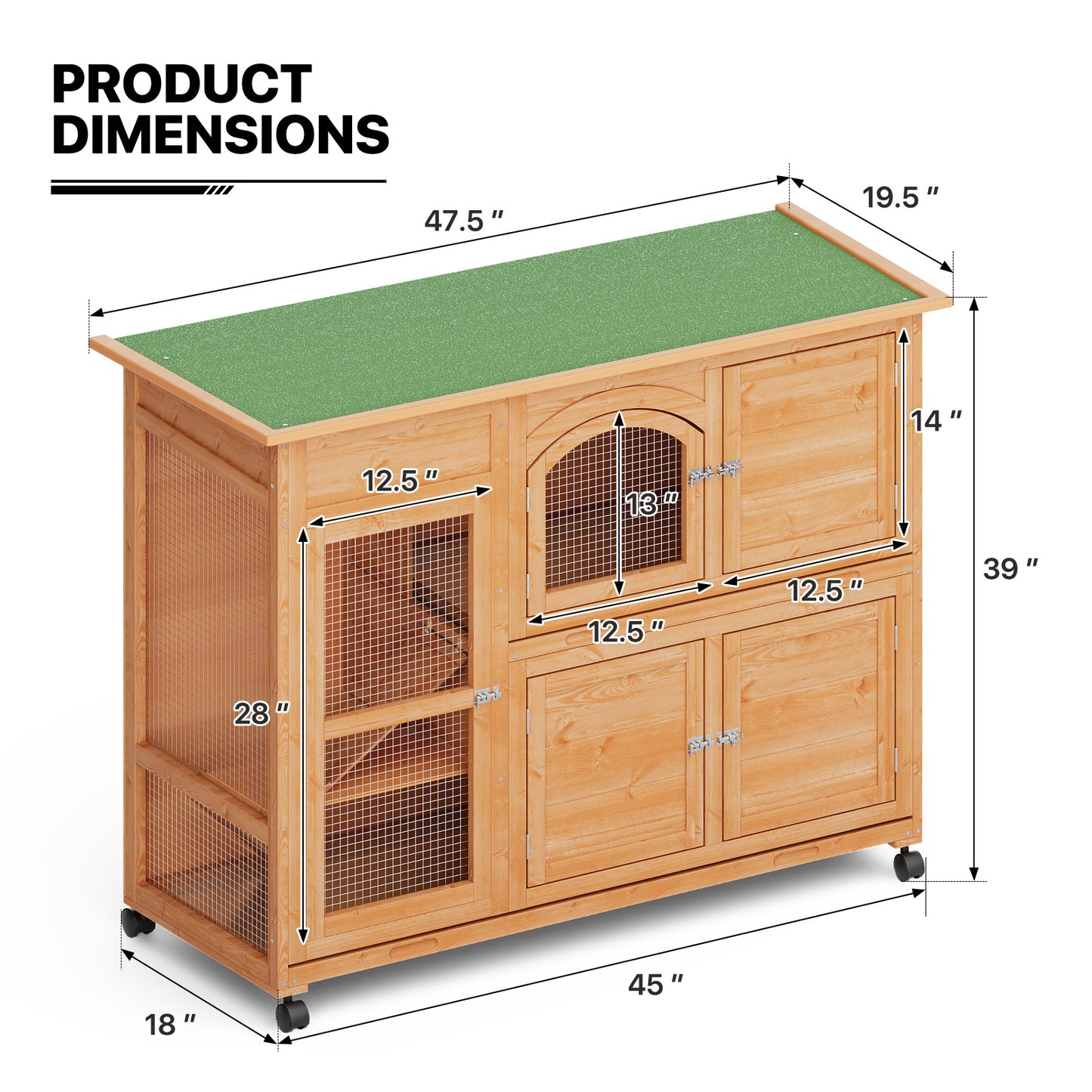 Wooden Chicken Coop Rabbit Hutch - 47.5'' Length - w/4 Wheels