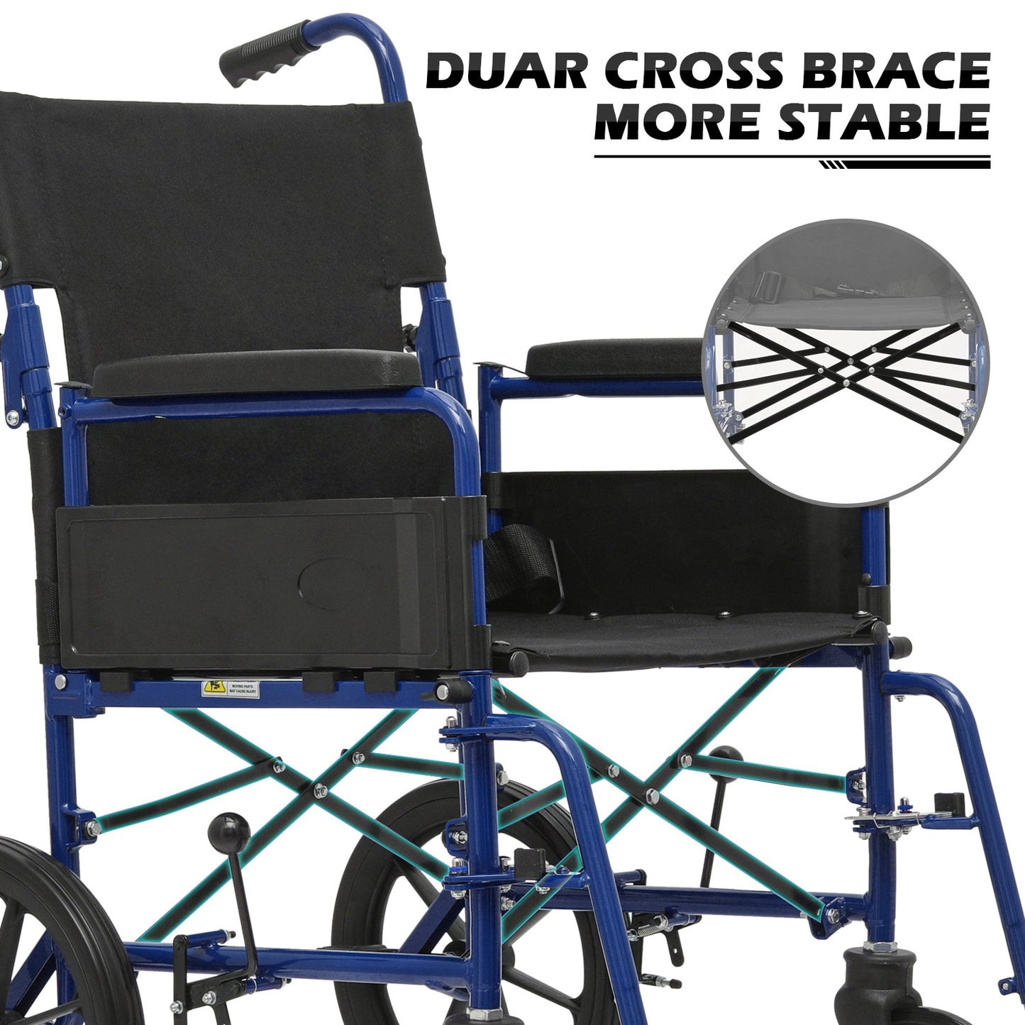 Transport Wheelchair - FDA Approved, PU Paded Armrest, Blue