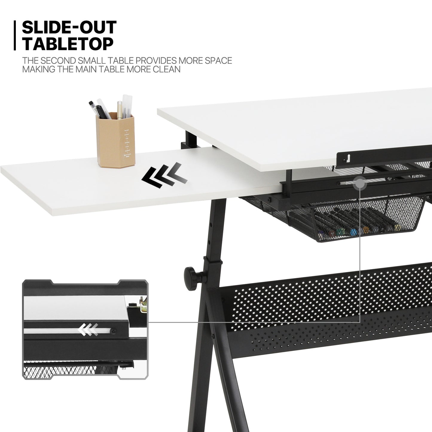 Drafting Table - 61" White desktop with black frame, 2 mesh drawers, with black stool