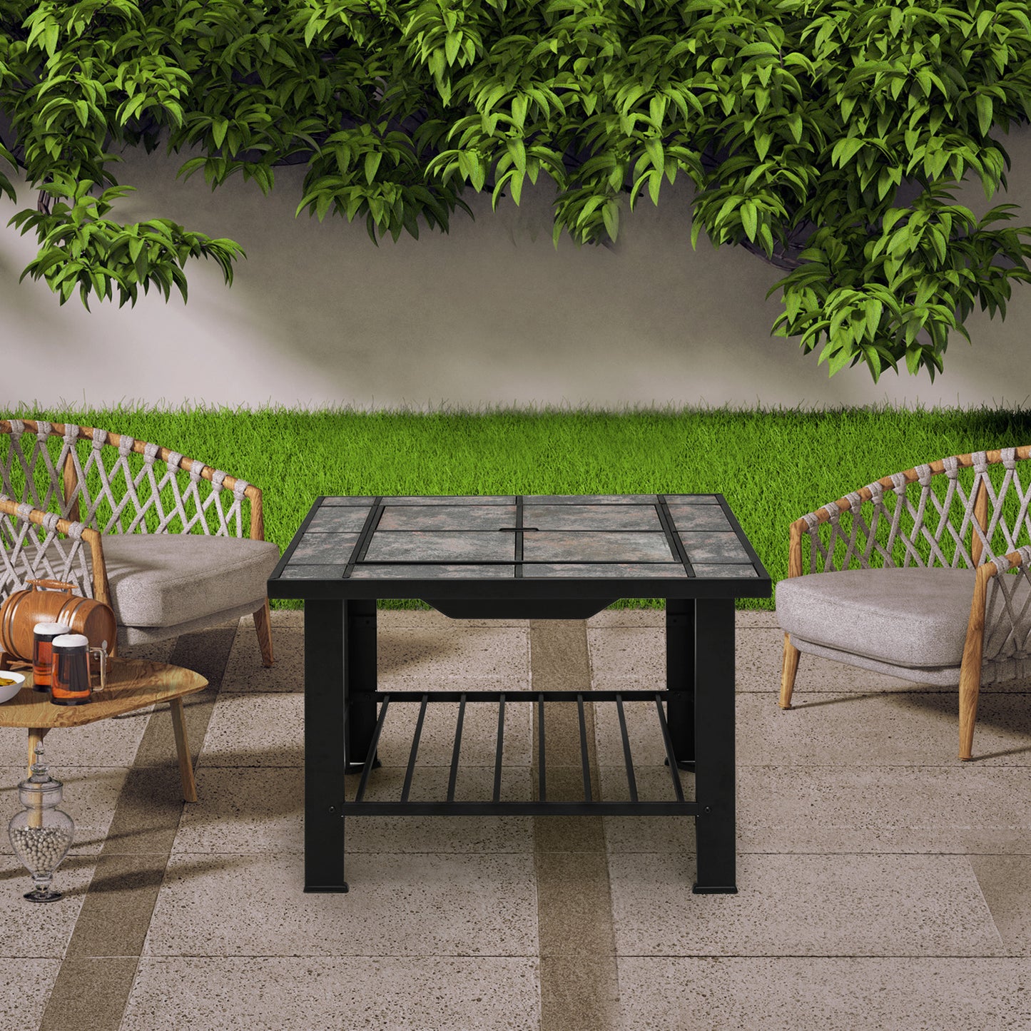 30" Square Marble Tabletop Fire Pit Table w/Lid & Poker & Spark Screen