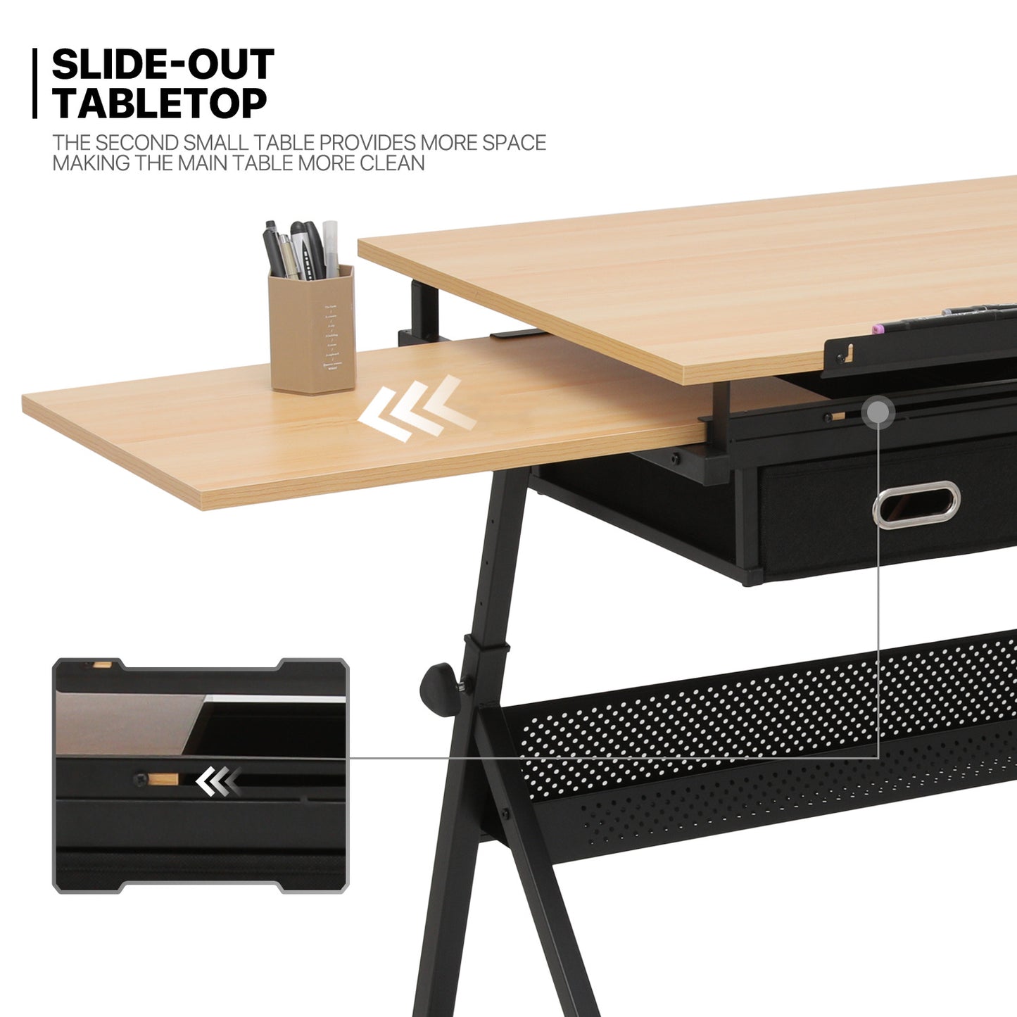 Drafting Table - 61" Natural desktop with black frame, 2 black drawers, with black stool