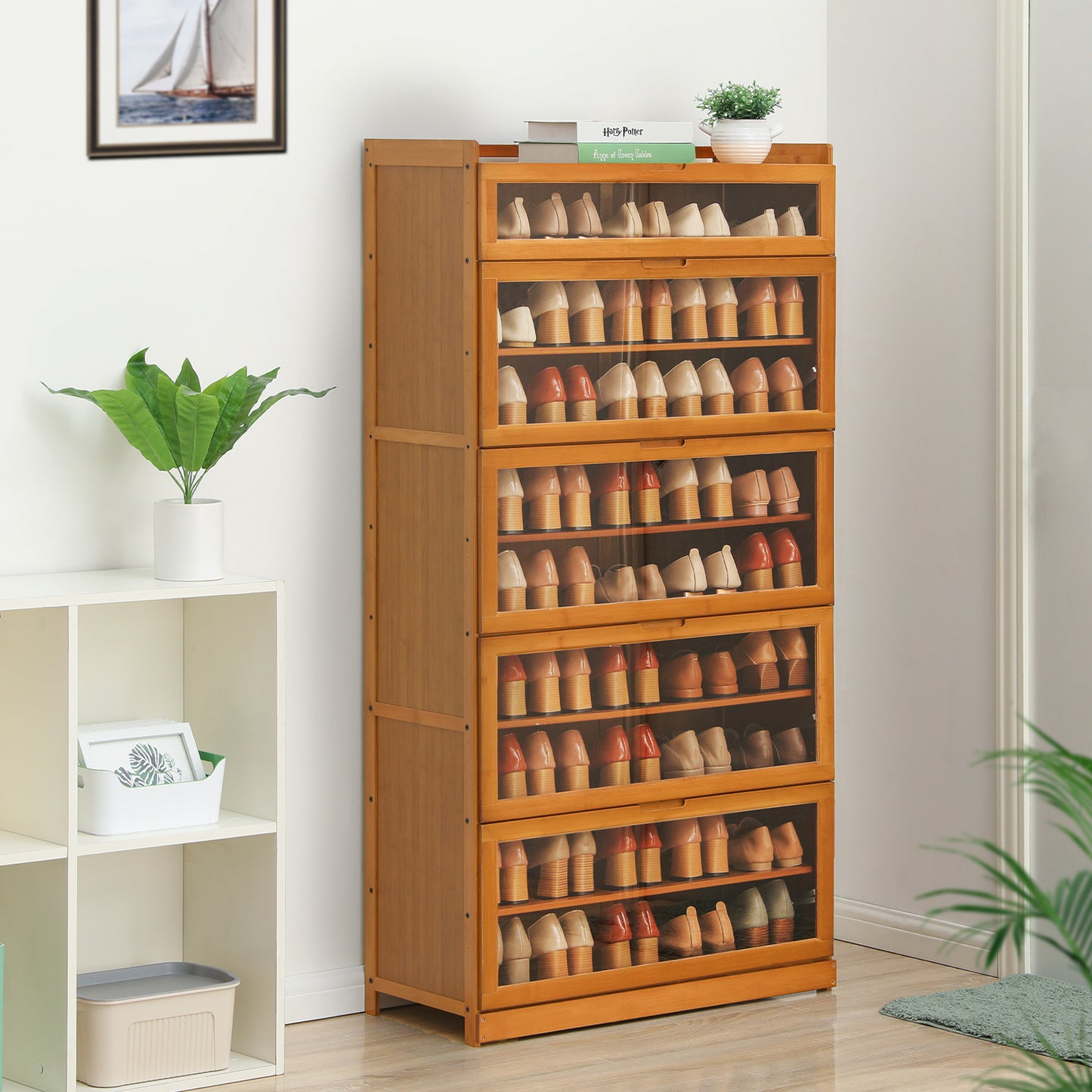 Visible Drop Down Door Shoe Organizer - Bamboo/Acrylic - Brown