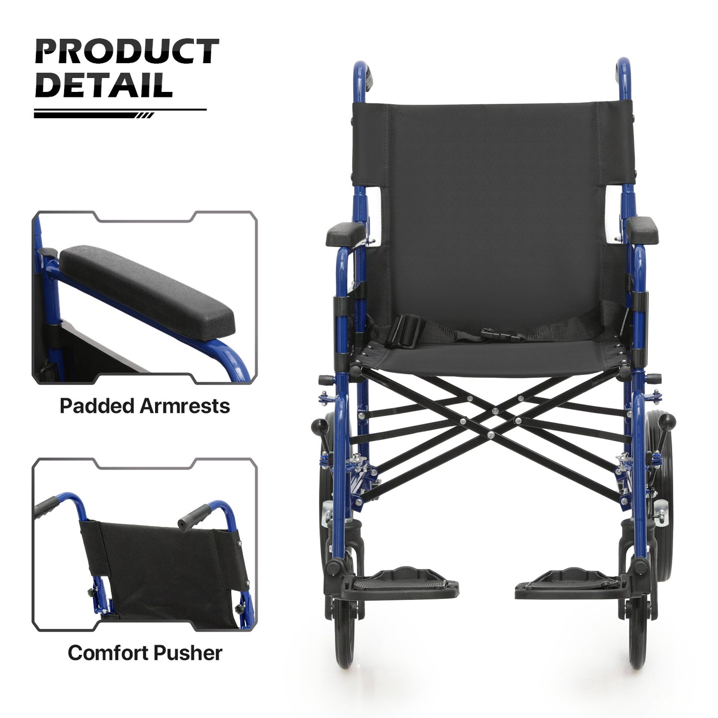 Transport Wheelchair - FDA Approved, PU Paded Armrest, Blue