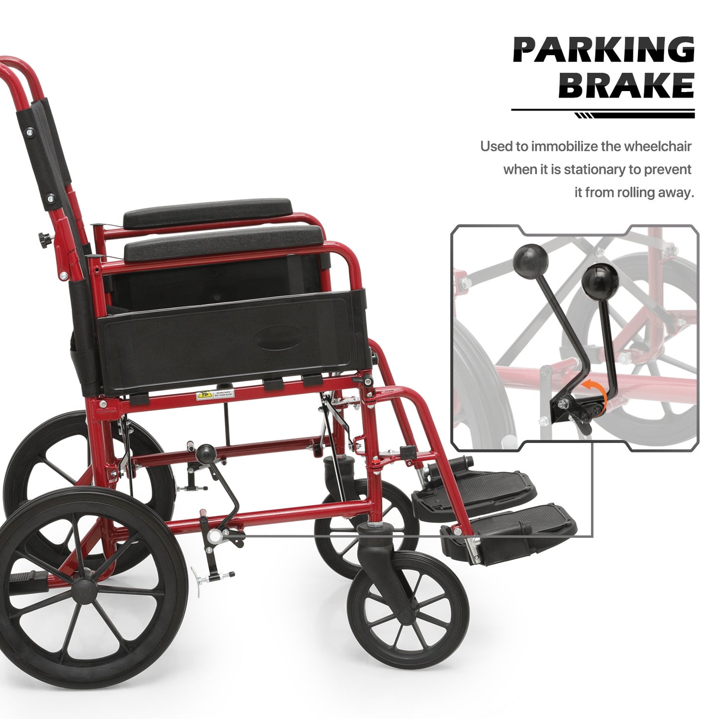 Transport Wheelchair - FDA Approved, PU Paded Armrest, Red