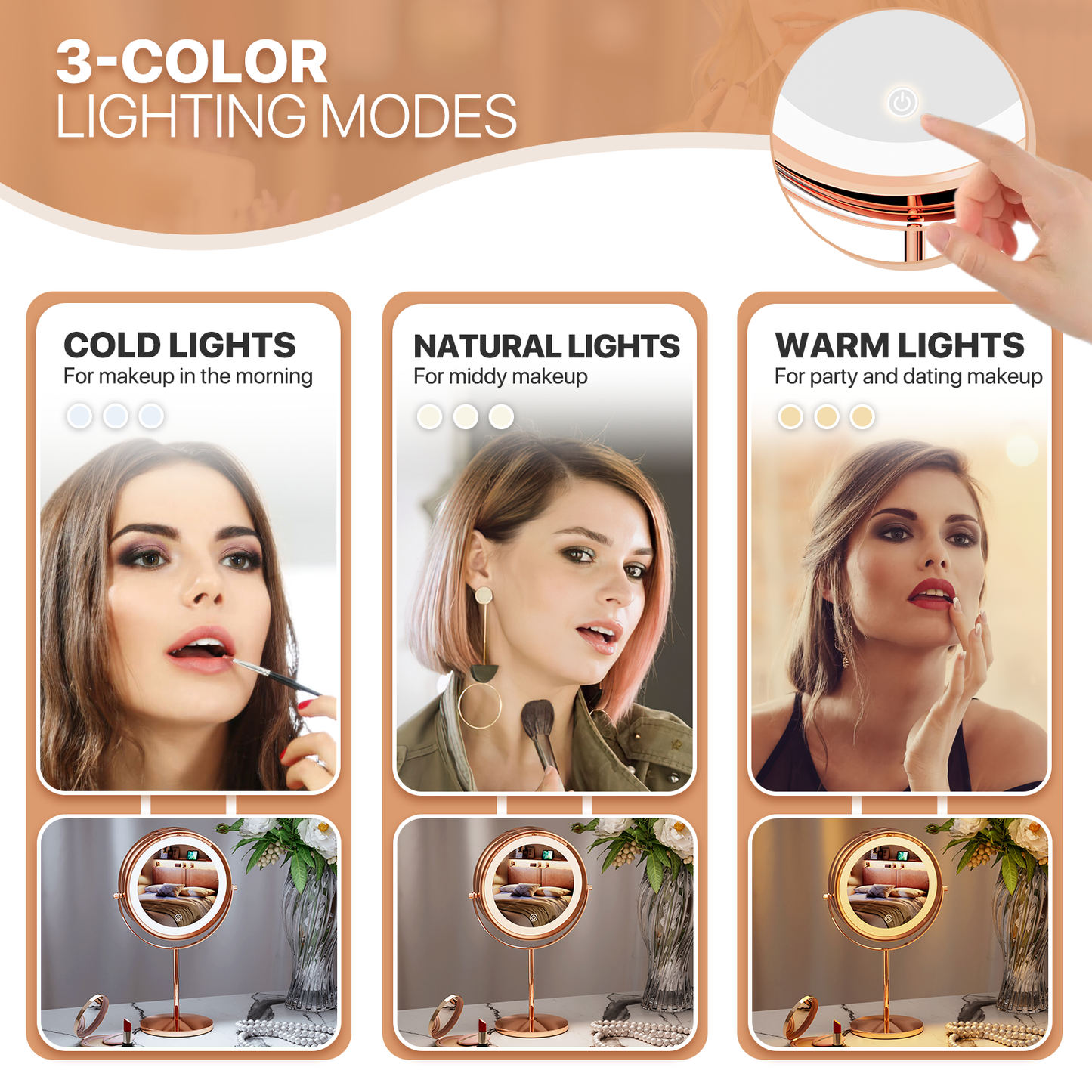 Double Sided Vanity Mirror - Round 8" Diameter - 3 Color Lighting Mode - 1x/10x Magnification Mirror