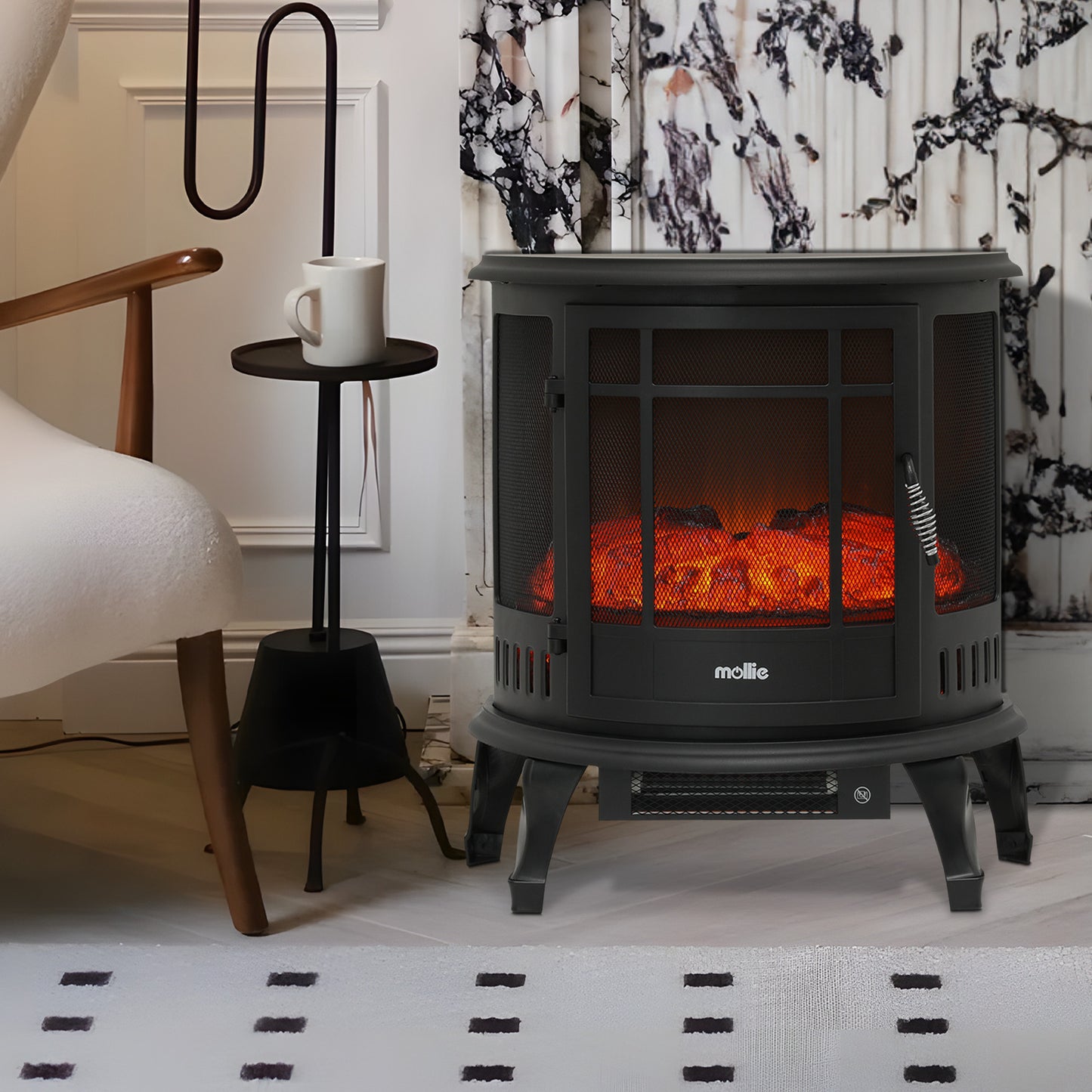 Freestanding Electric Fireplace - 1400W Space Heater - Adjustable Flame Brightness