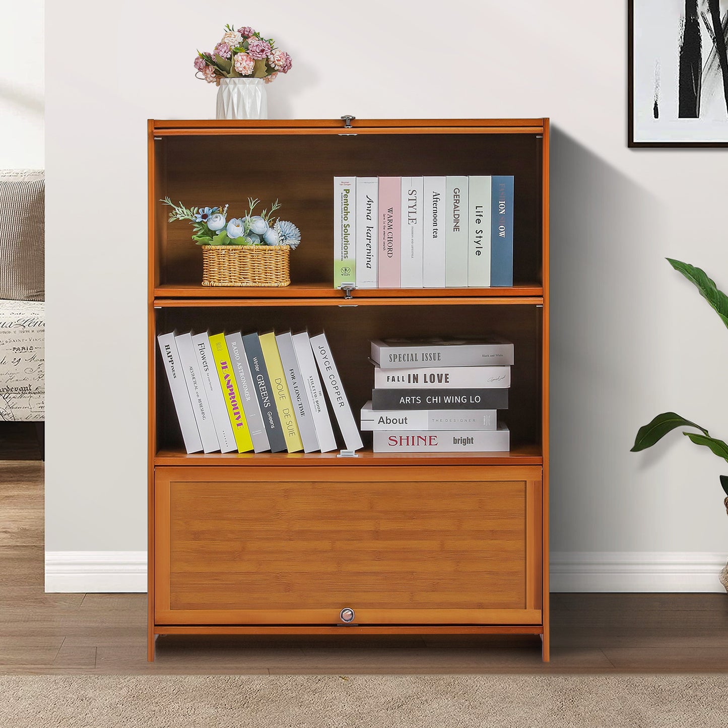 Slide Up Door Multi-Functional Storage Cabinet - 3 Tier - Brown