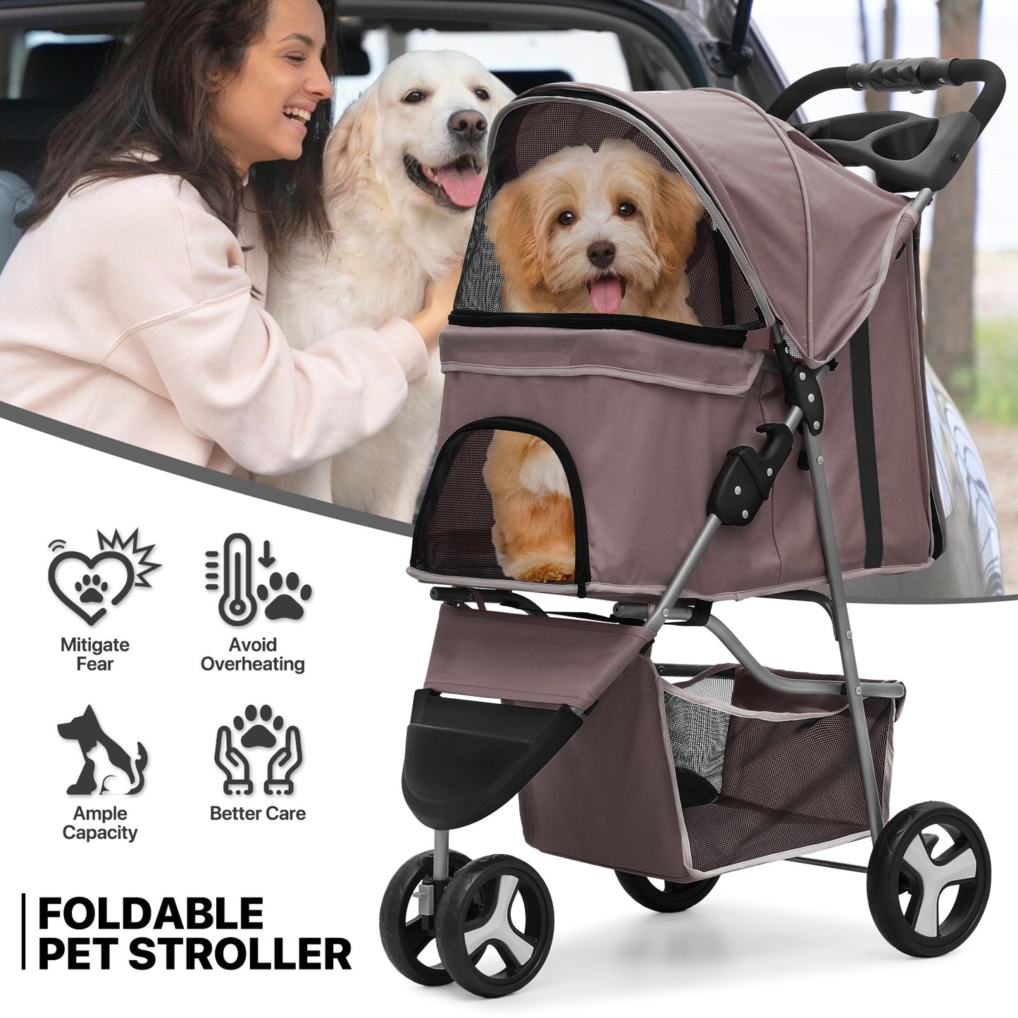 Pet Stroller - Adjustable Sunshade+Storage Basket