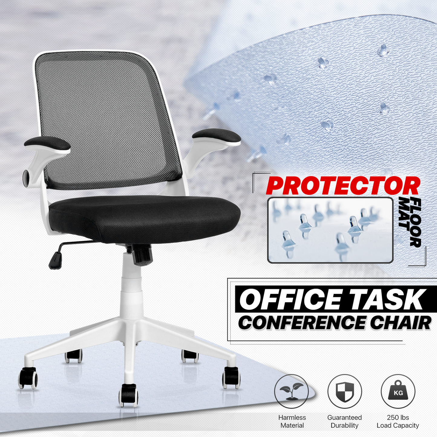 Adjustable Armrest Task Chair - Black - 29" x 47" Studded Mat Set