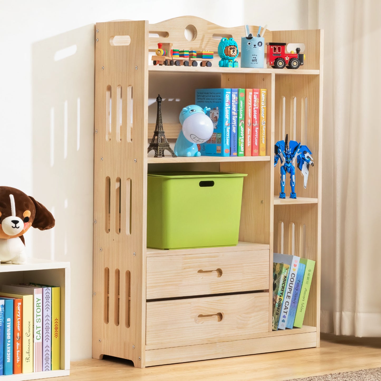 Wooden Display Storage Organizer - 4 Tier - with Drawer - 33" - Natural