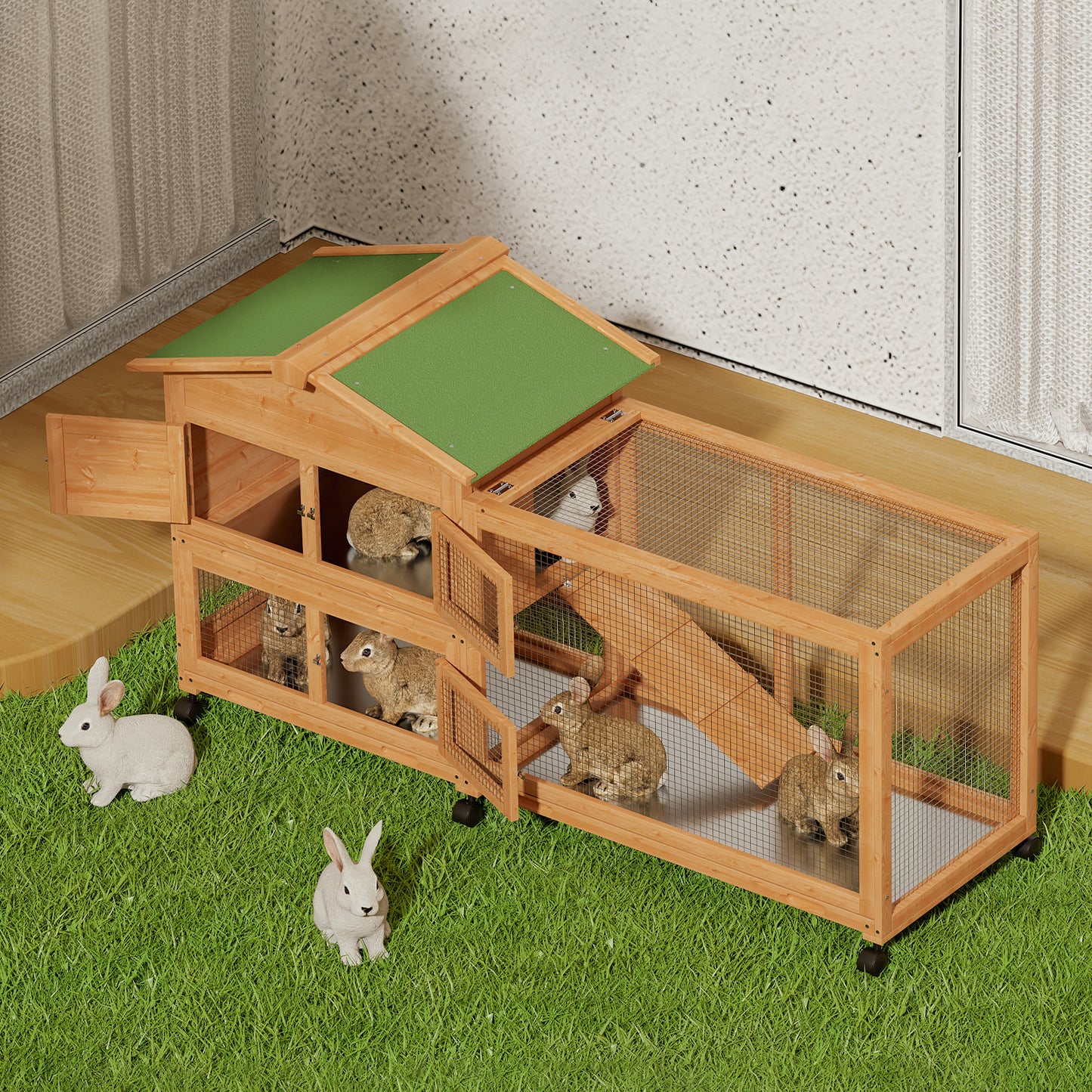 Wooden Chicken Coop Rabbit Hutch - House Shape - 63.5'' Length - w/6 Wheels