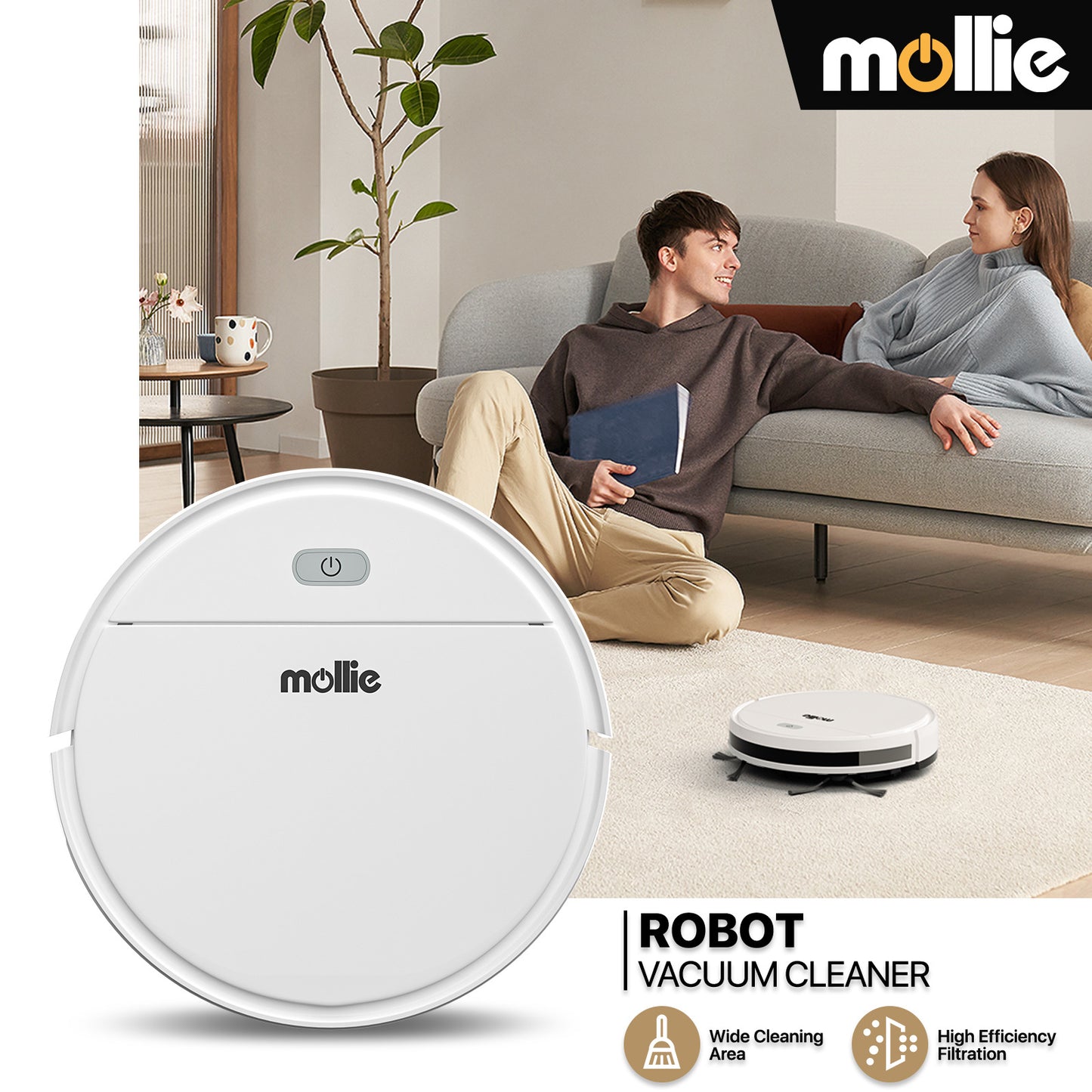 Robot Vacuum - 310ml Dustbin - w/Dry Mop+Remote Control - White