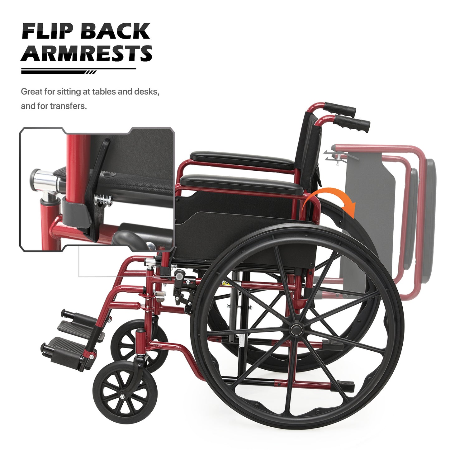 Manual Wheelchair - Red, FDA Approved - 18"x16" Seat