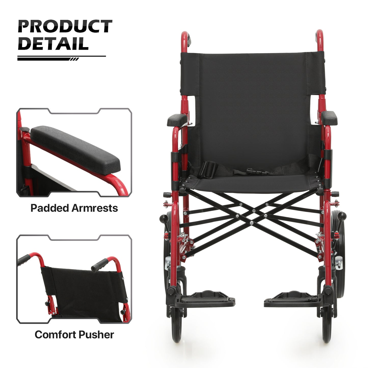 Transport Wheelchair - FDA Approved, PU Paded Armrest, Red