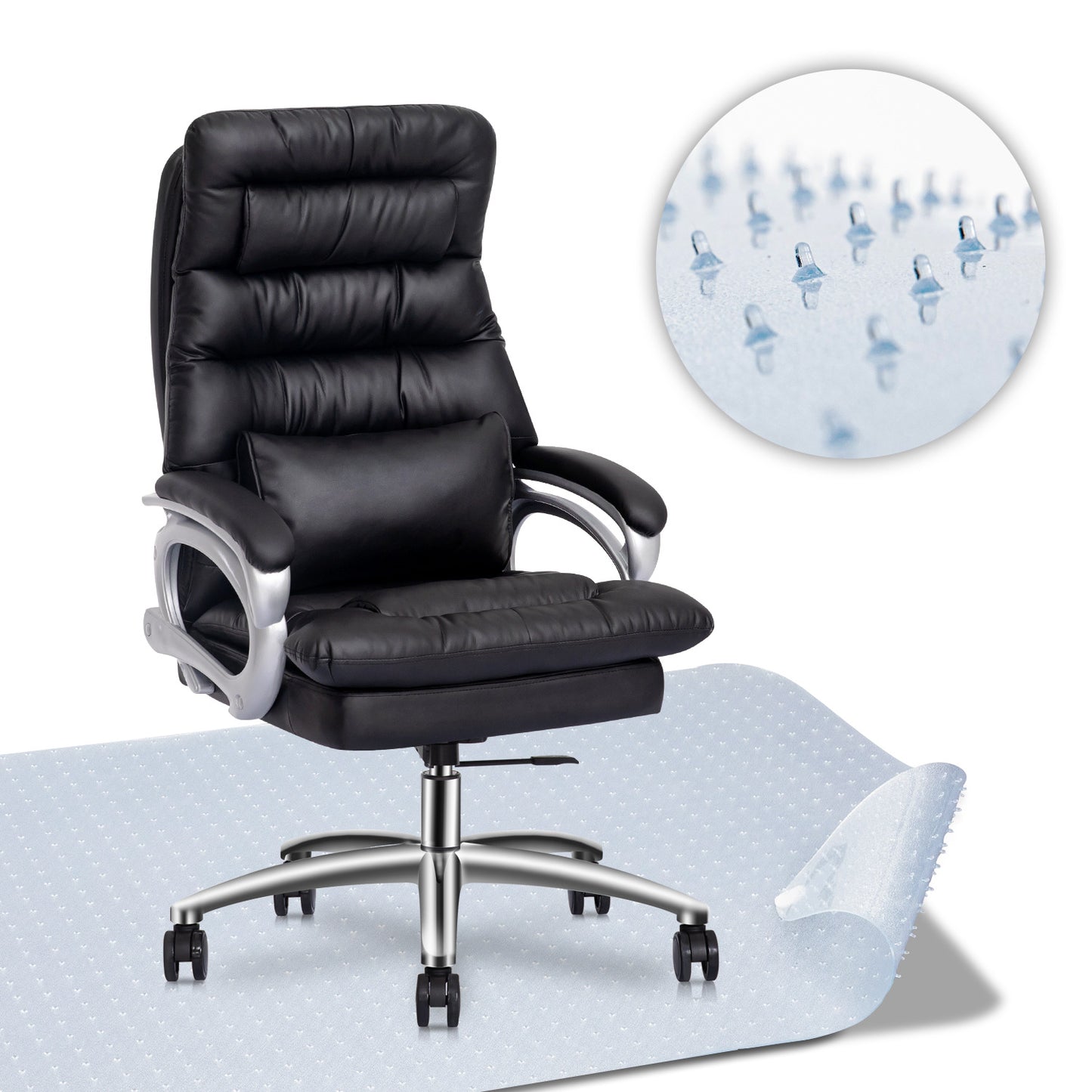Faux Leather Executive Chair with Lumbar Support - 29" x 47" Studded Mat Set