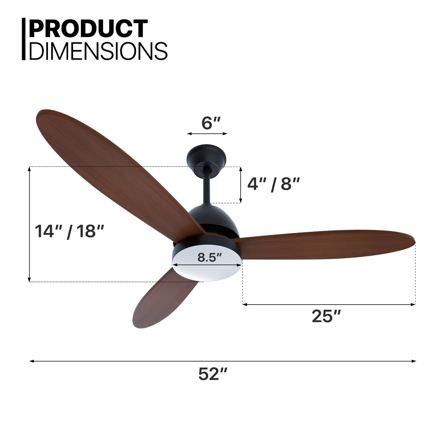52" LED Ceiling Fan - 3 Blades - 3 Color Changing - 6 Speeds w/2 Down Rods