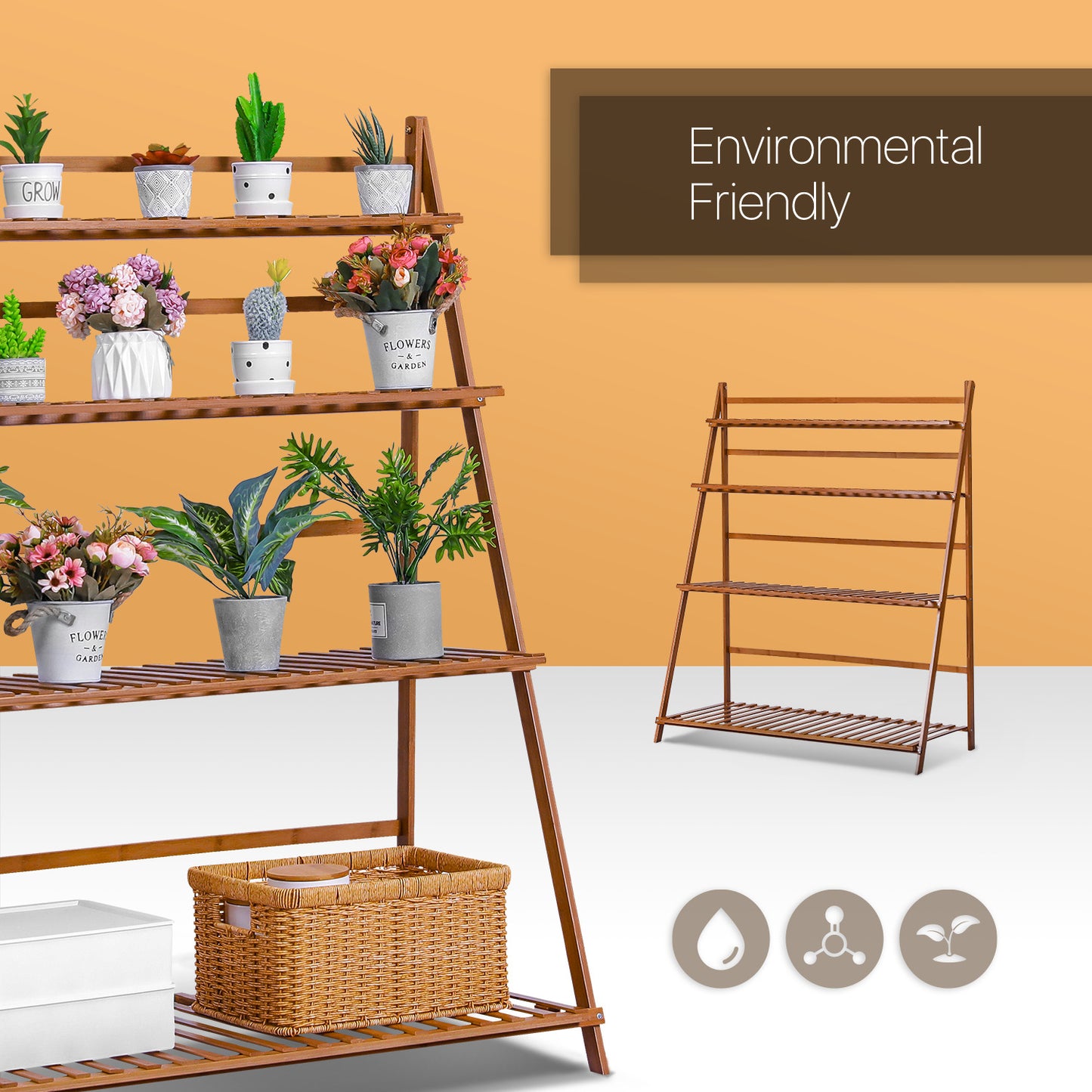 Foldable Flower Plant Rack - A Frame Stand Shelf - 4 Tier - Brown