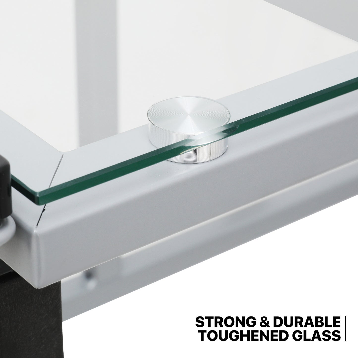 Drafting Table - 41" Crystal desktop with grey frame, 2 black drawers, rolling casters