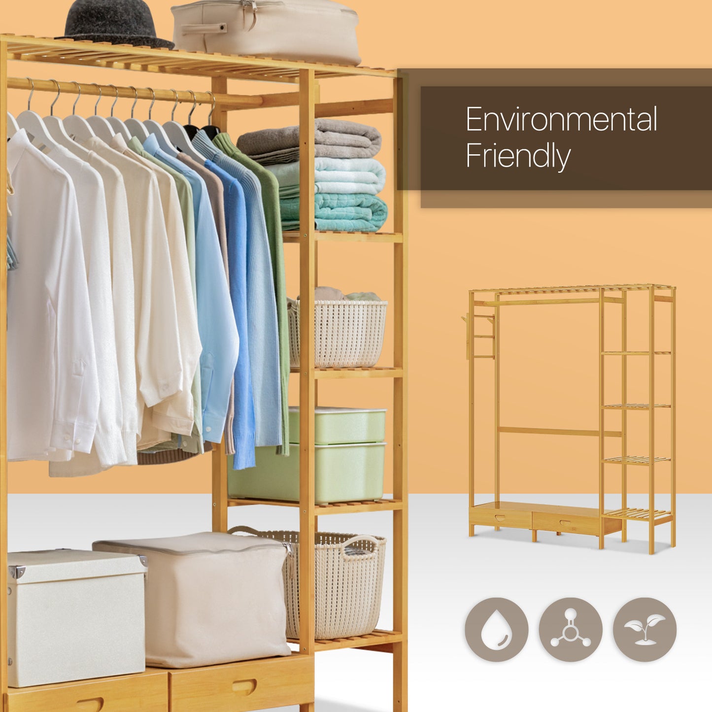 Garment Cabinet Clothes Organizer - with Drawer - Natural