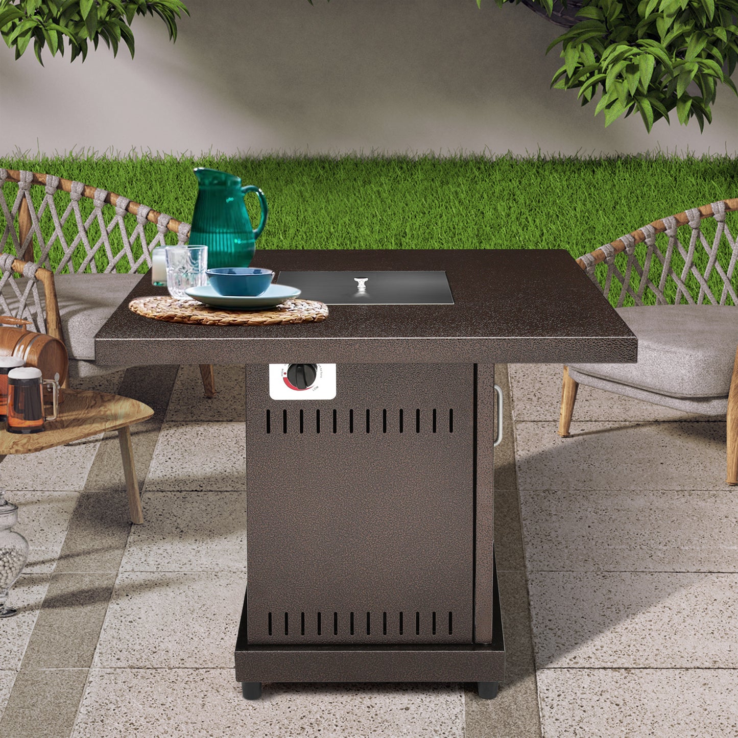 30" Outdoor Square Propane Gas Fire Pit Table 40,000 BTU - w/Lid, Lava Rocks - Brown
