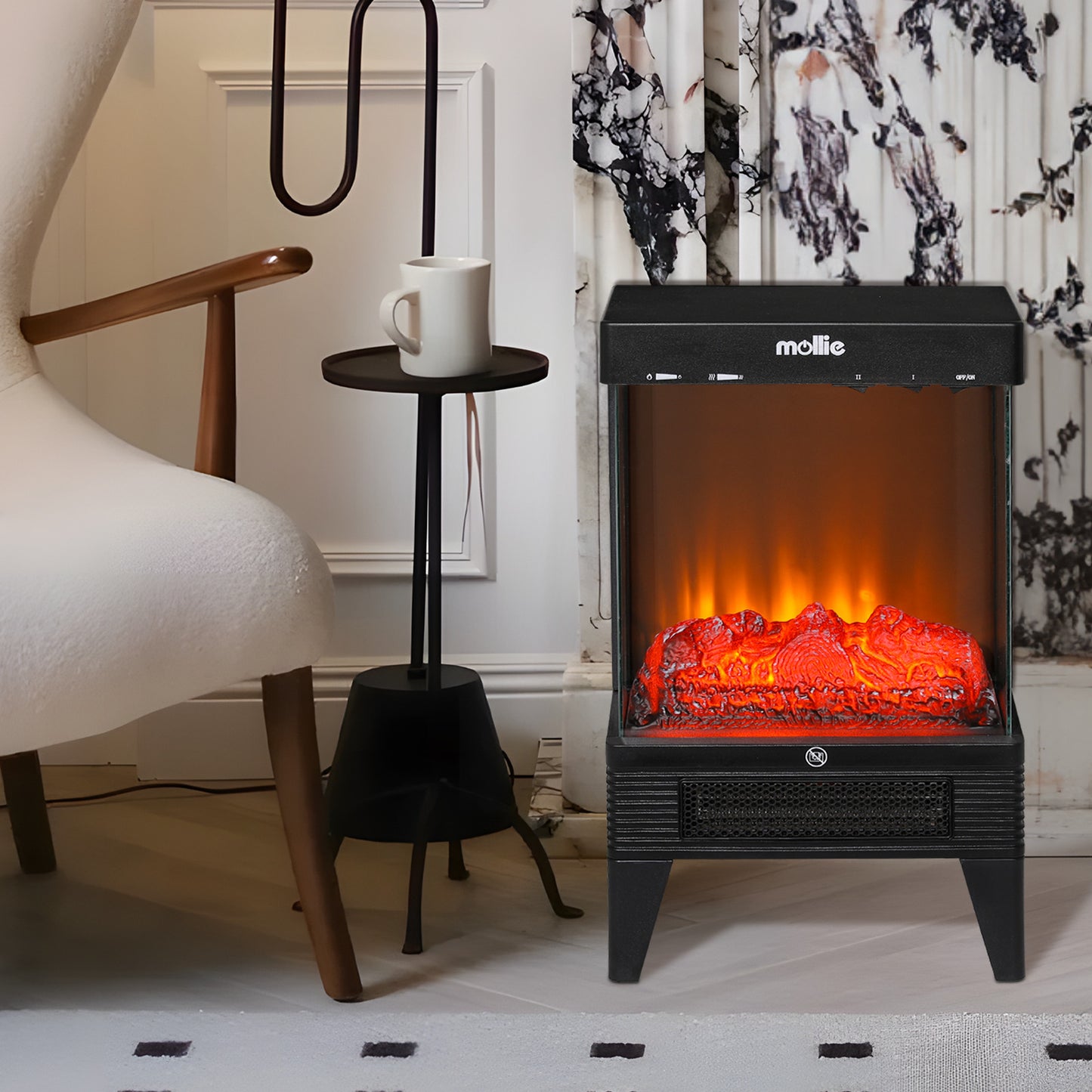 Freestanding Electric Fireplace - 1500W Space Heater - Adjustable Flame Brightness