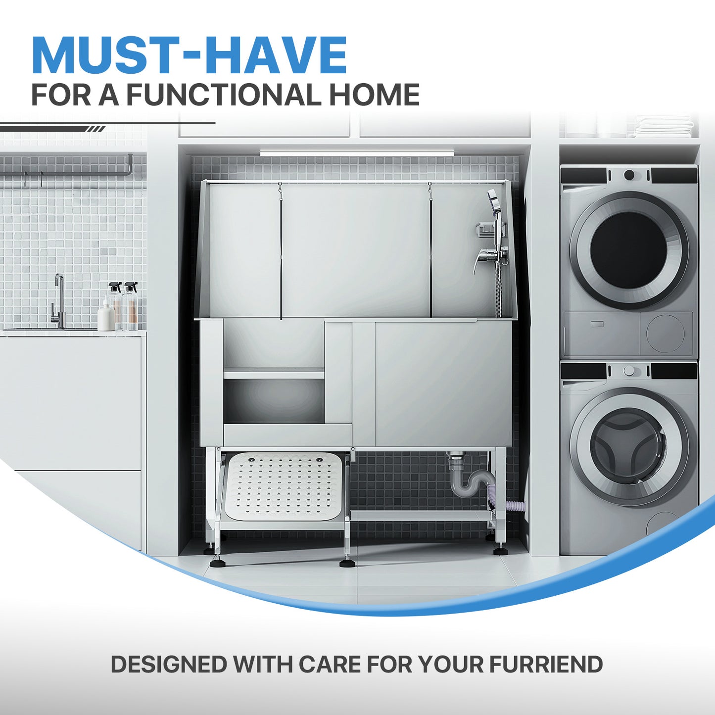 50" Pet Grooming Bathtub-304 Stainless Steel-with Non-Slip Ramp