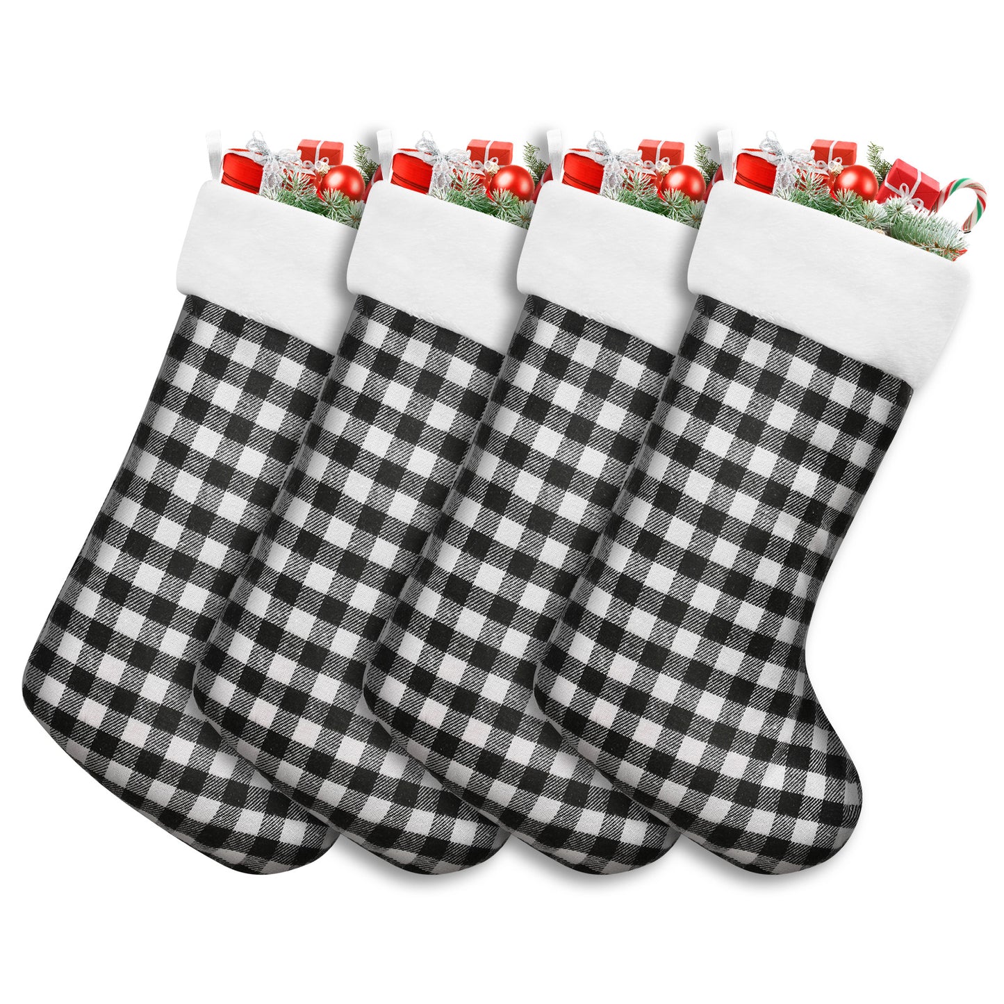 4 Pieces Cotton Plaid Fabric Christmas Stocking - Black & White